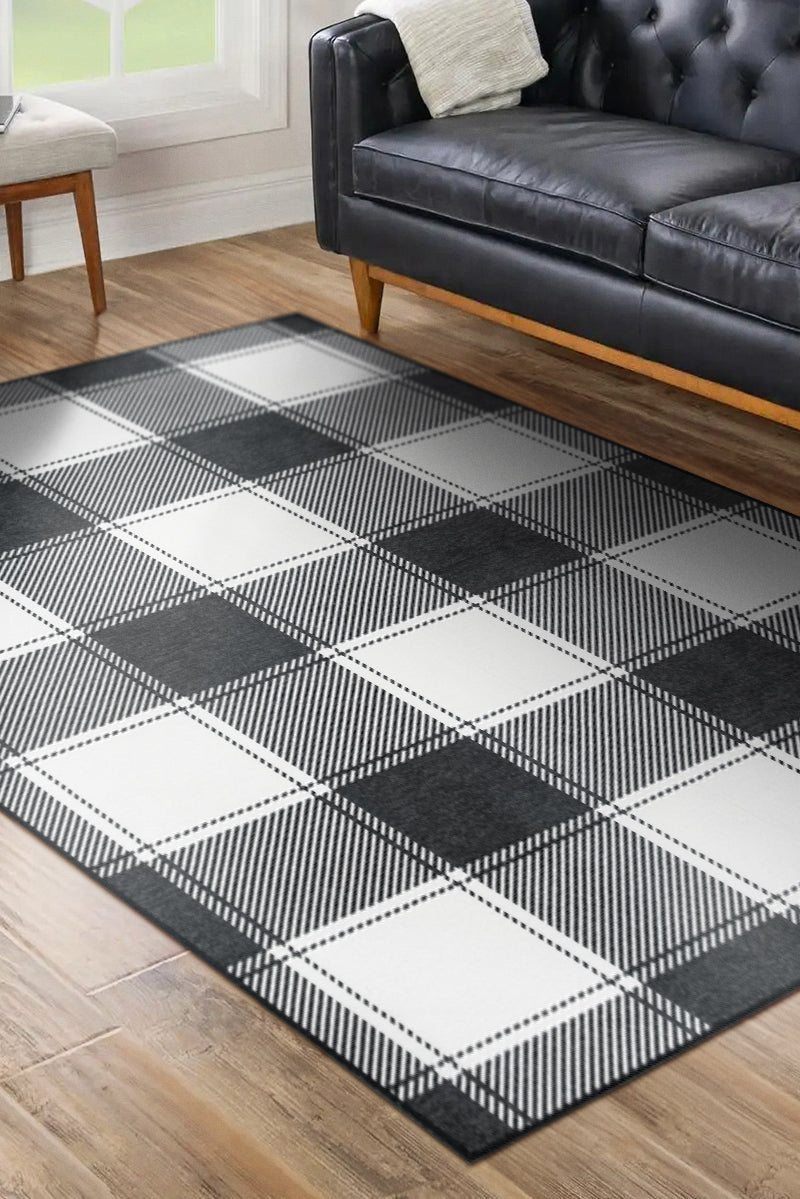 Buffalo Plaid Black and White Washable Rug