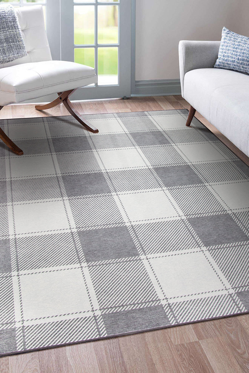 Buffalo Plaid Grey and White Washable Rug