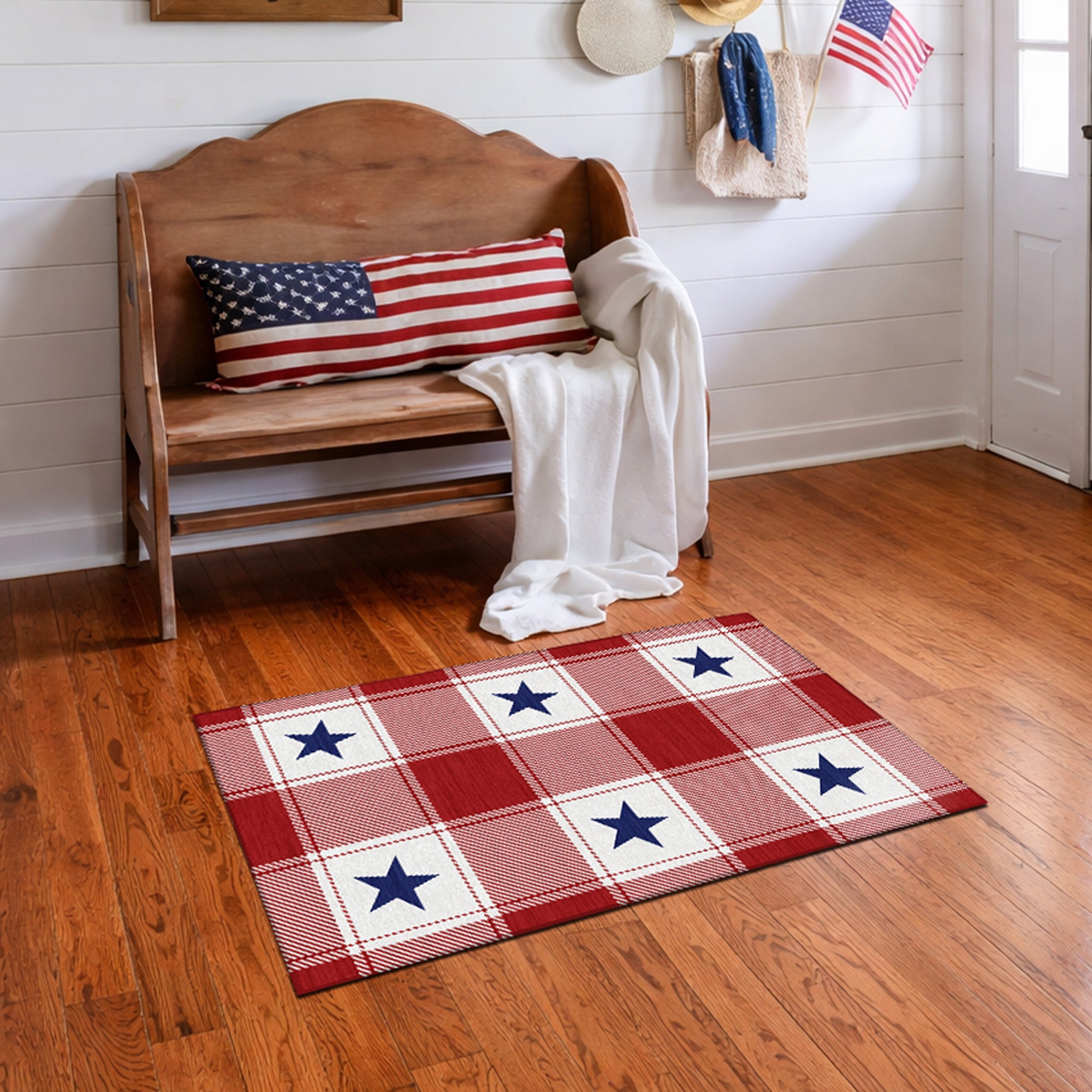 Buffalo Plaid Stars Machine Washable Rug