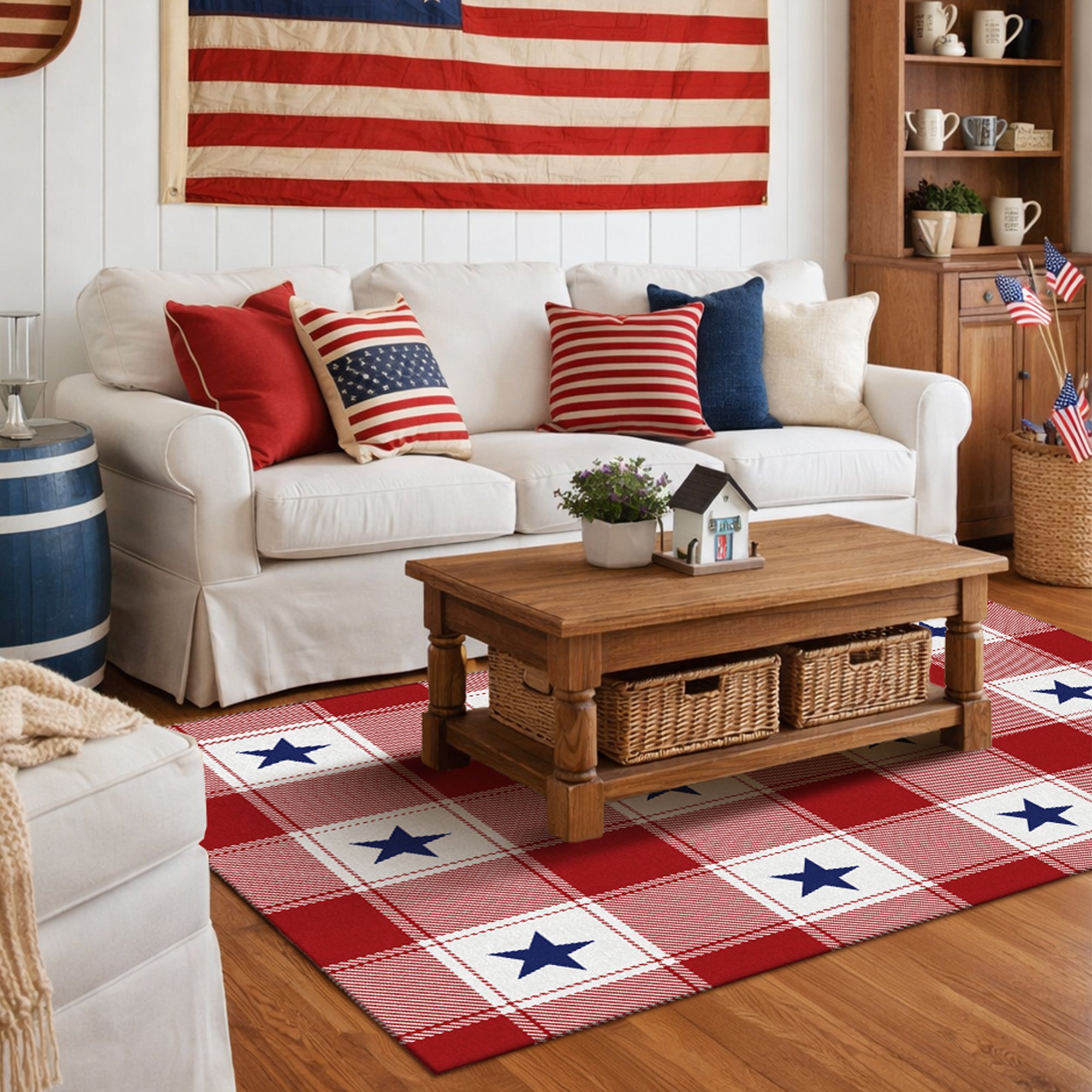 Buffalo Plaid Stars Machine Washable Rug