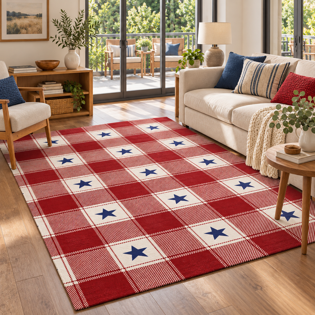 Buffalo Plaid Stars Machine Washable Rug