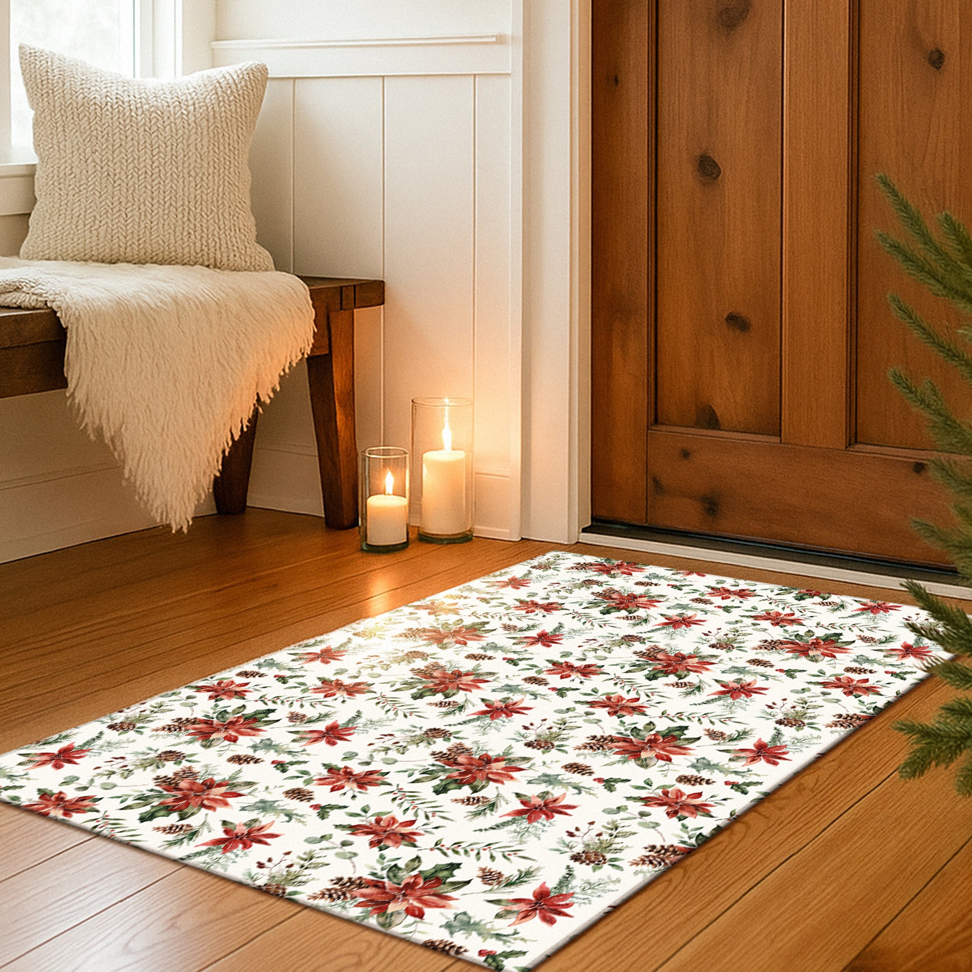 Holiday Winter Christmas Holly Red Poinsettia Machine Washable Rug