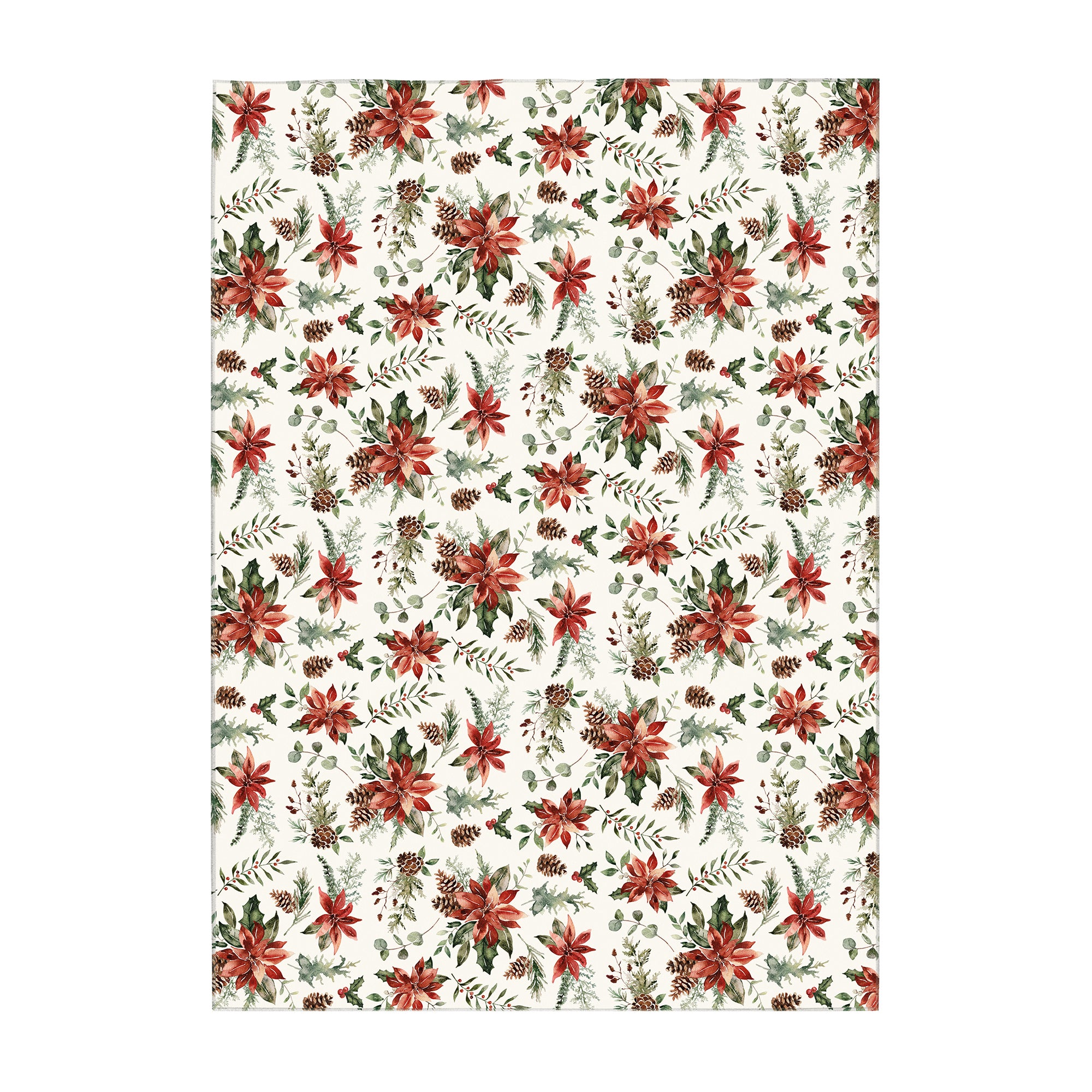 Holiday Winter Christmas Holly Red Poinsettia Machine Washable Rug