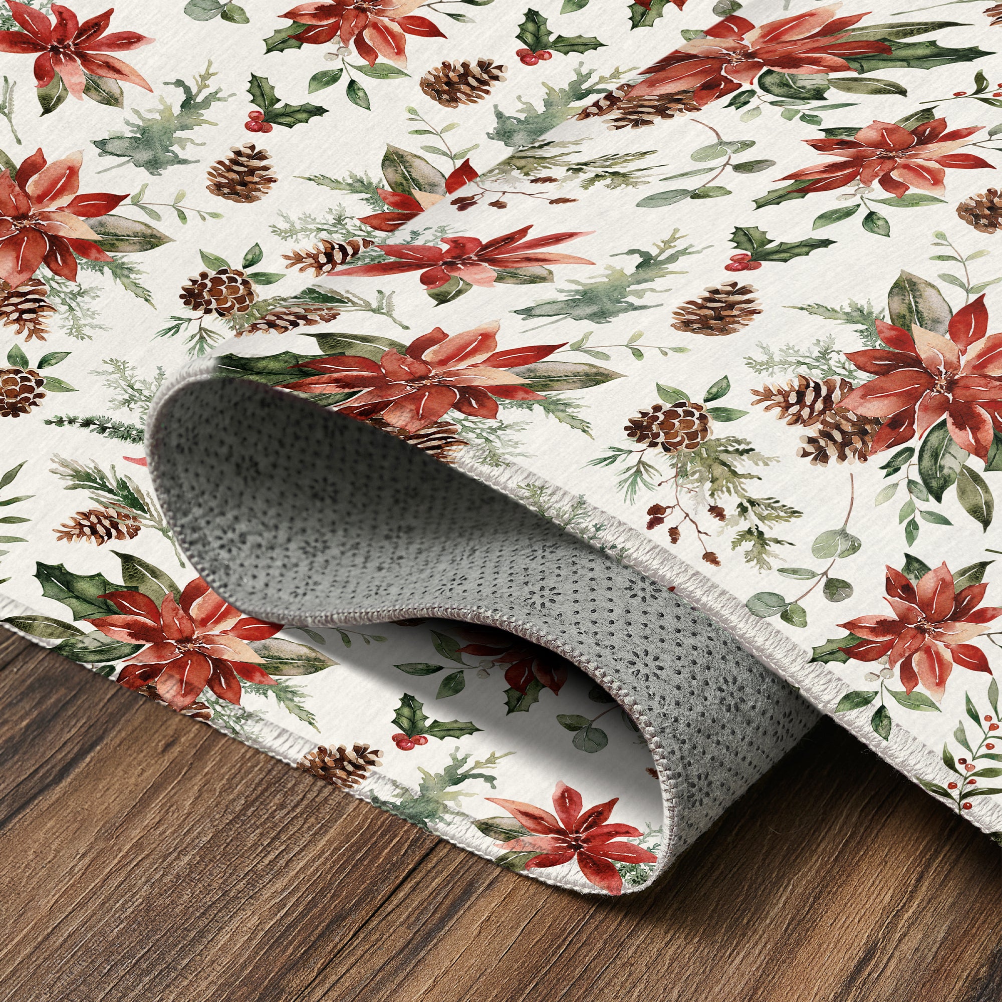 Holiday Winter Christmas Holly Red Poinsettia Machine Washable Rug