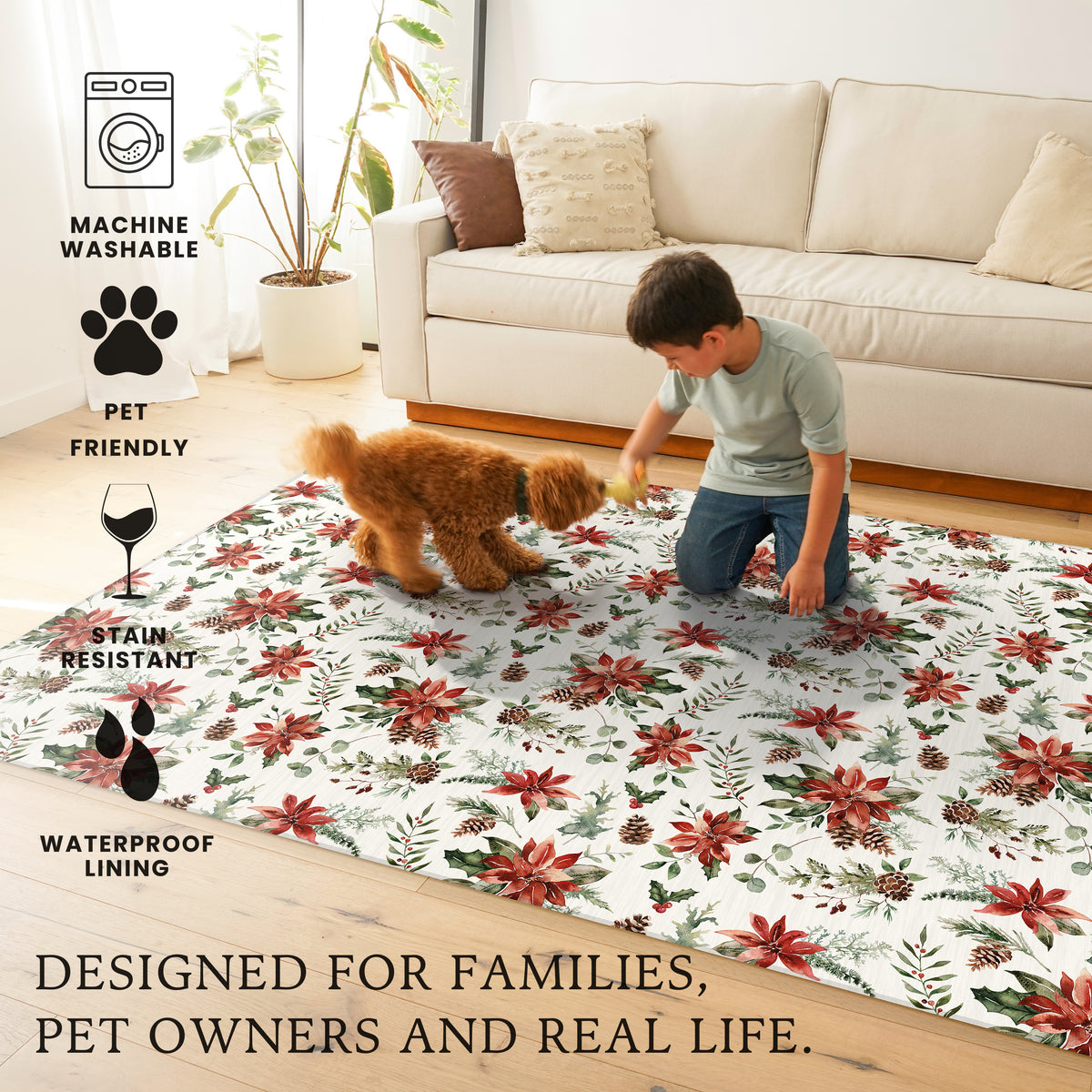 Holiday Winter Christmas Holly Red Poinsettia Machine Washable Rug