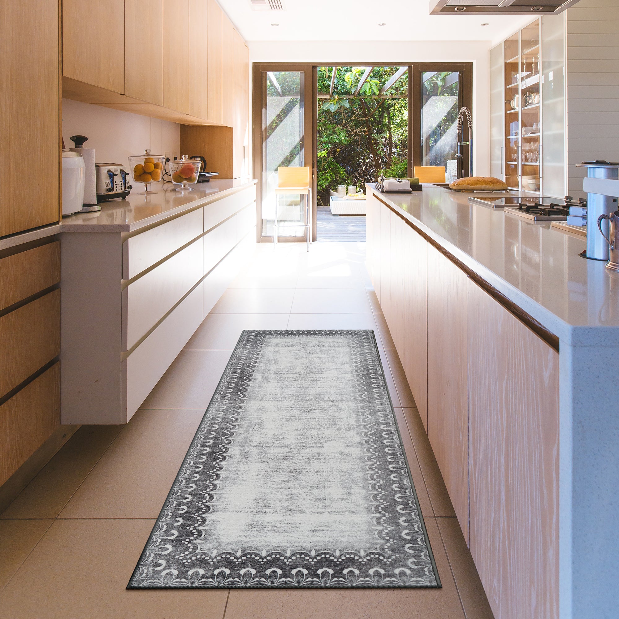 Dardon Bordered Grey Kitchen Washable Rug