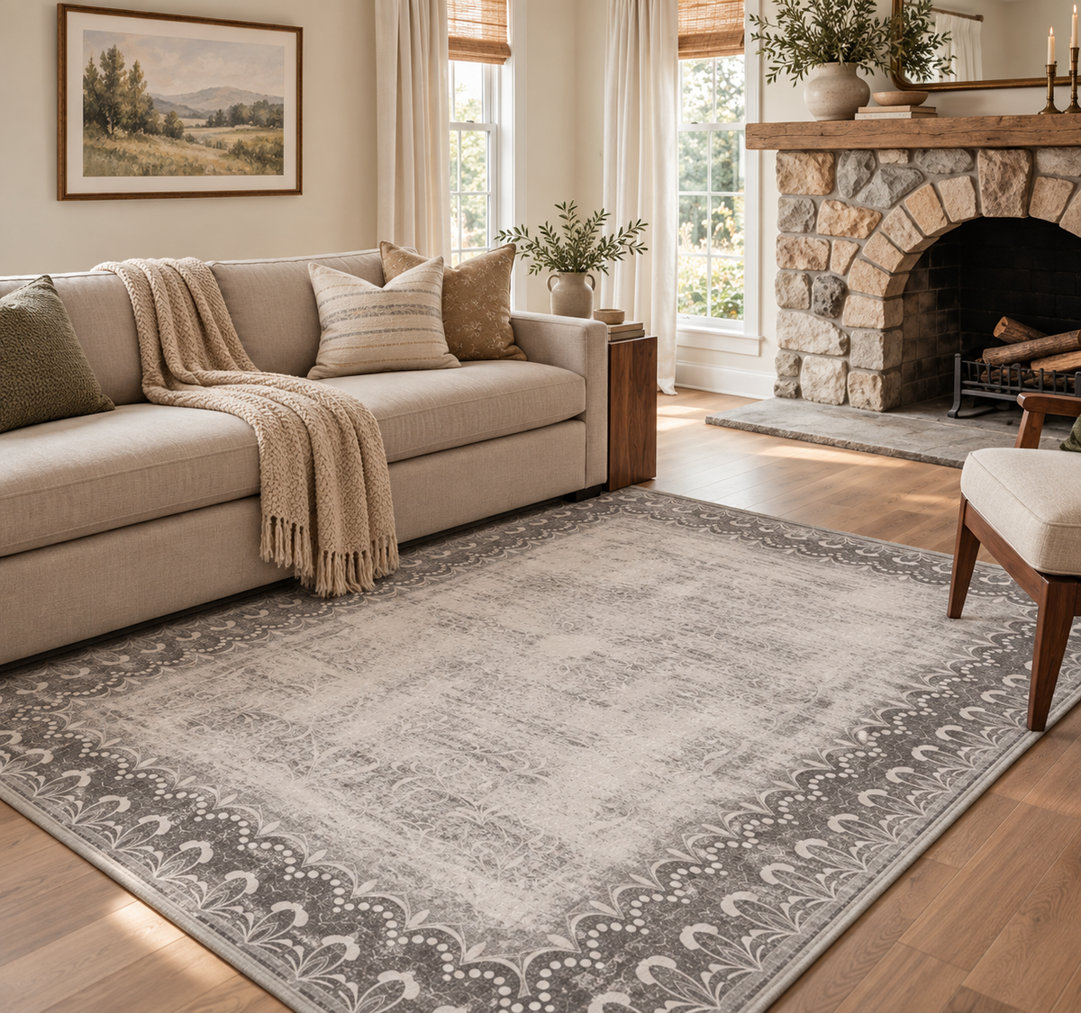 Dardon Bordered Grey Washable Rug