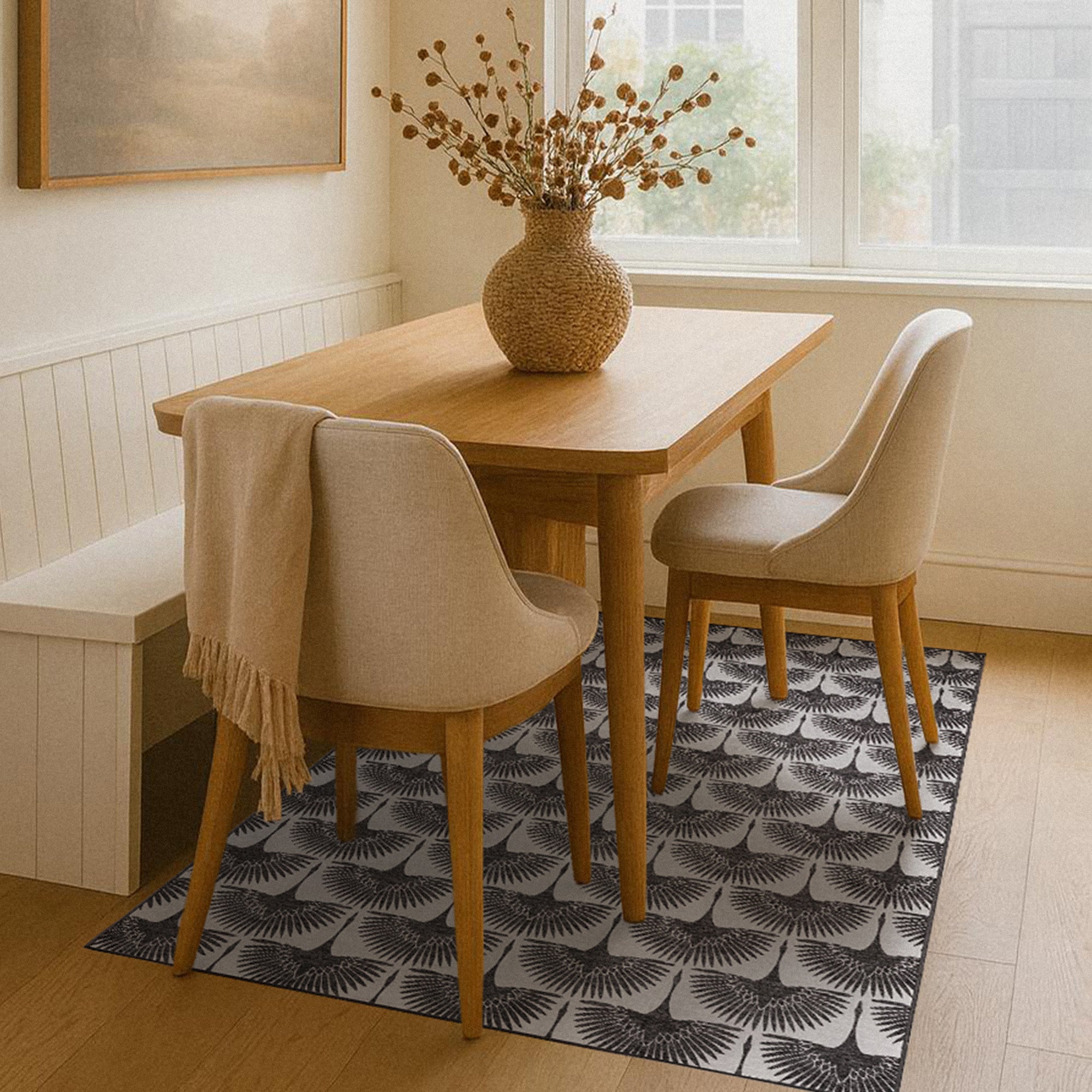 Flock Kettle Black Dining Room Washble Rug