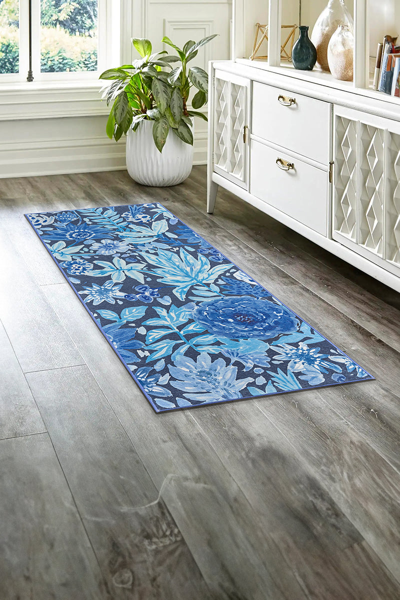 Floral Bloom Blue Washable Rug