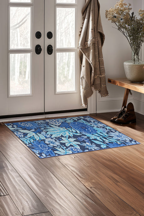 Floral Bloom Blue Washable Rug