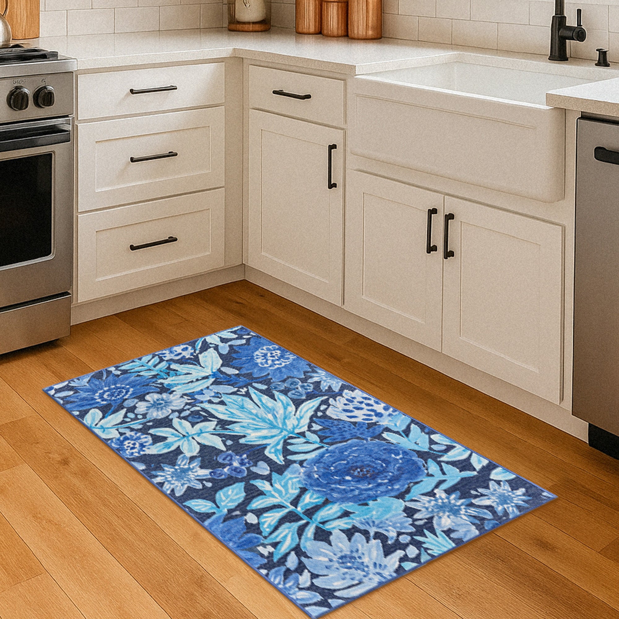 Floral Bloom Blue Kitchen Washable Rug