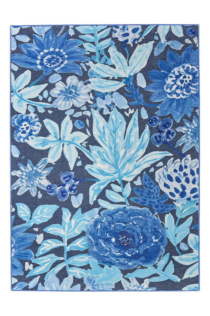 Floral Bloom Blue Washable Rug