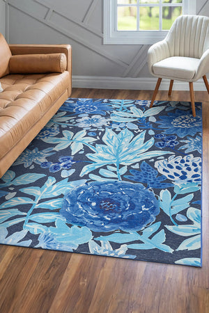 Floral Bloom Blue Washable Rug