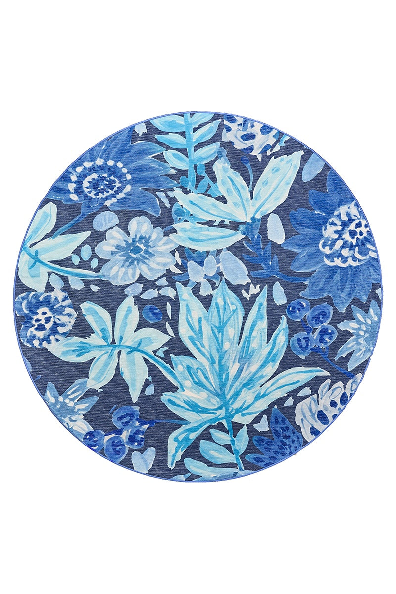 Floral Bloom Blue Washable Rug