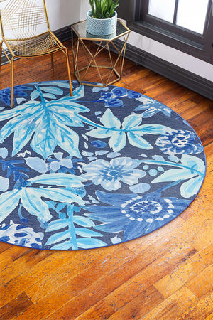 Floral Bloom Blue Washable Rug