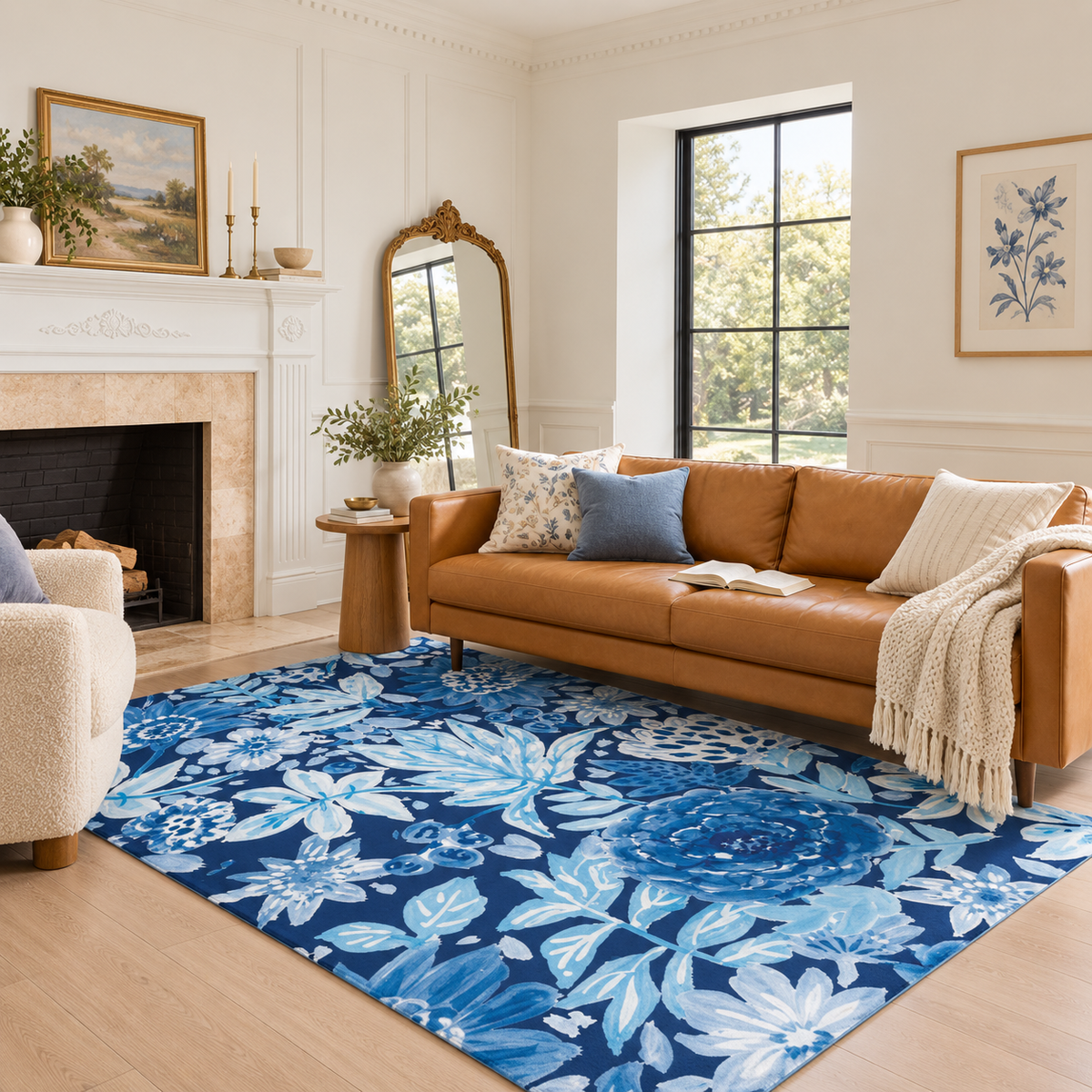 Floral Bloom Blue Washable Rug
