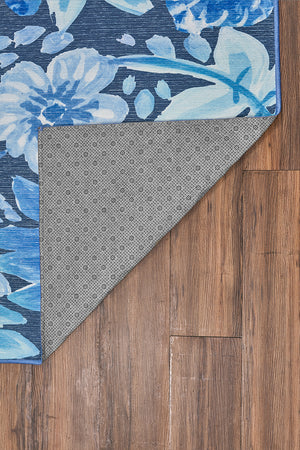 Floral Bloom Blue Washable Rug