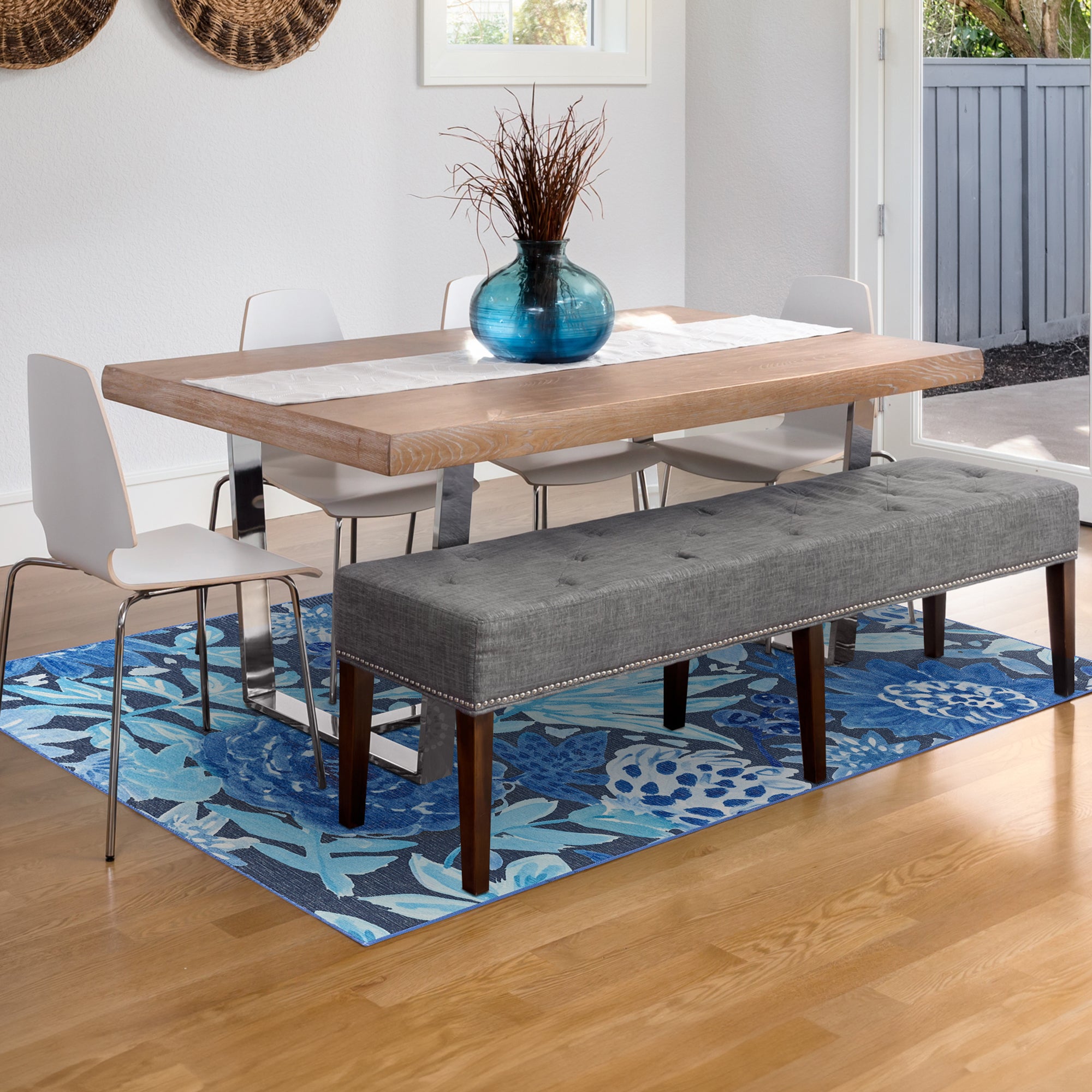 Floral Bloom Blue Dining Room Washble Rug