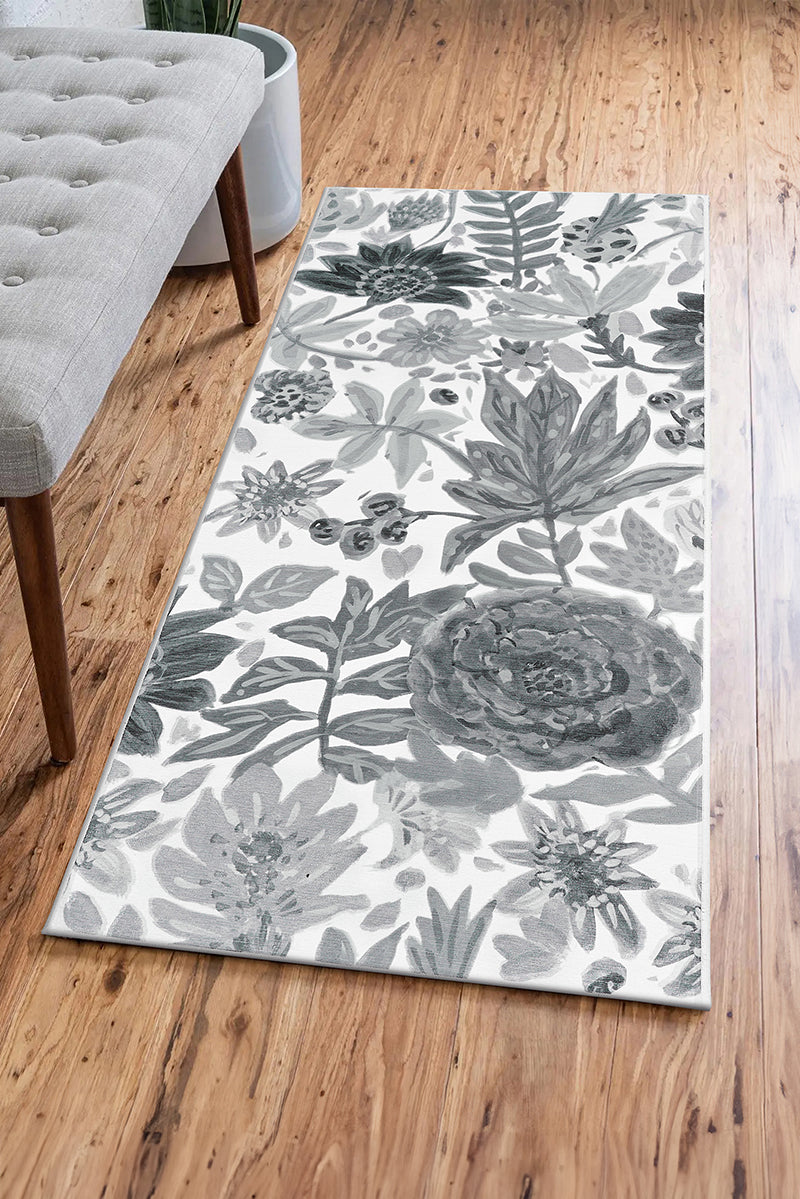 Floral Bloom Grey Washable Rug