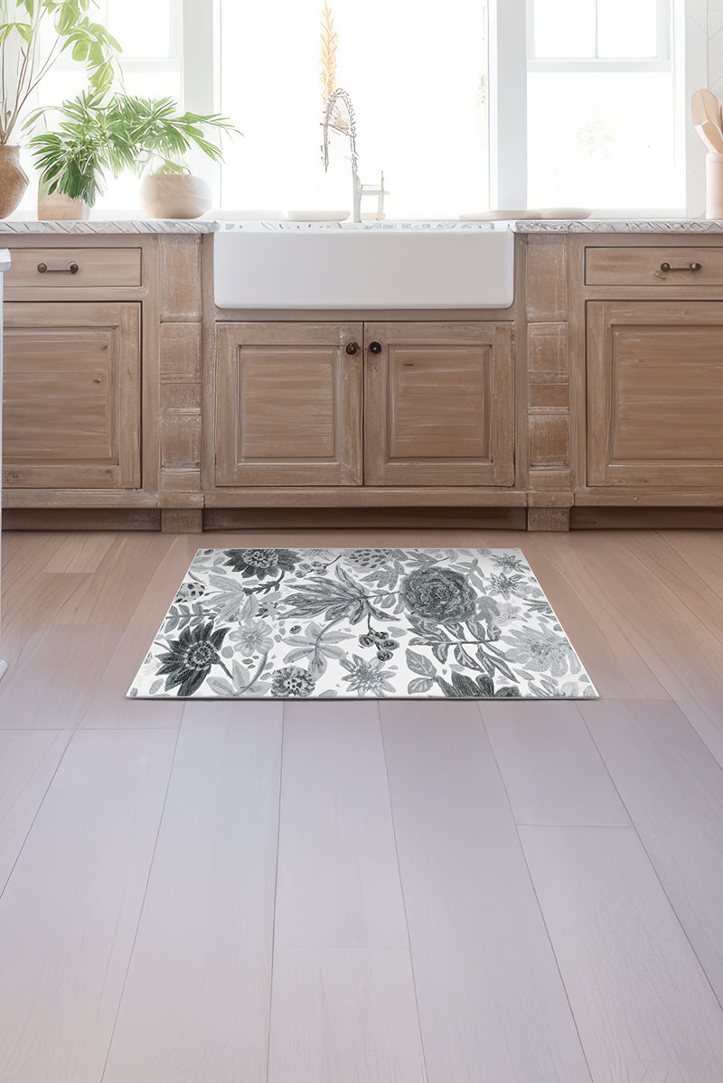 Floral Bloom Grey Washable Rug