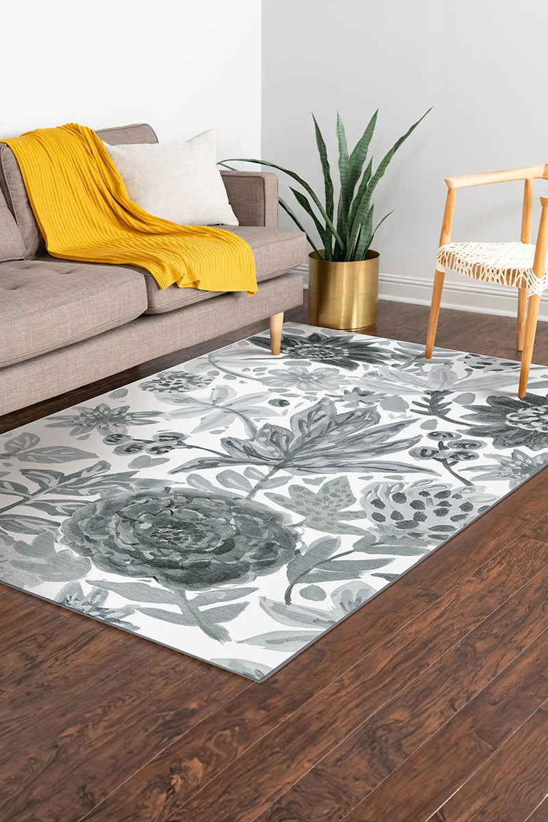 Floral Bloom Grey Washable Rug