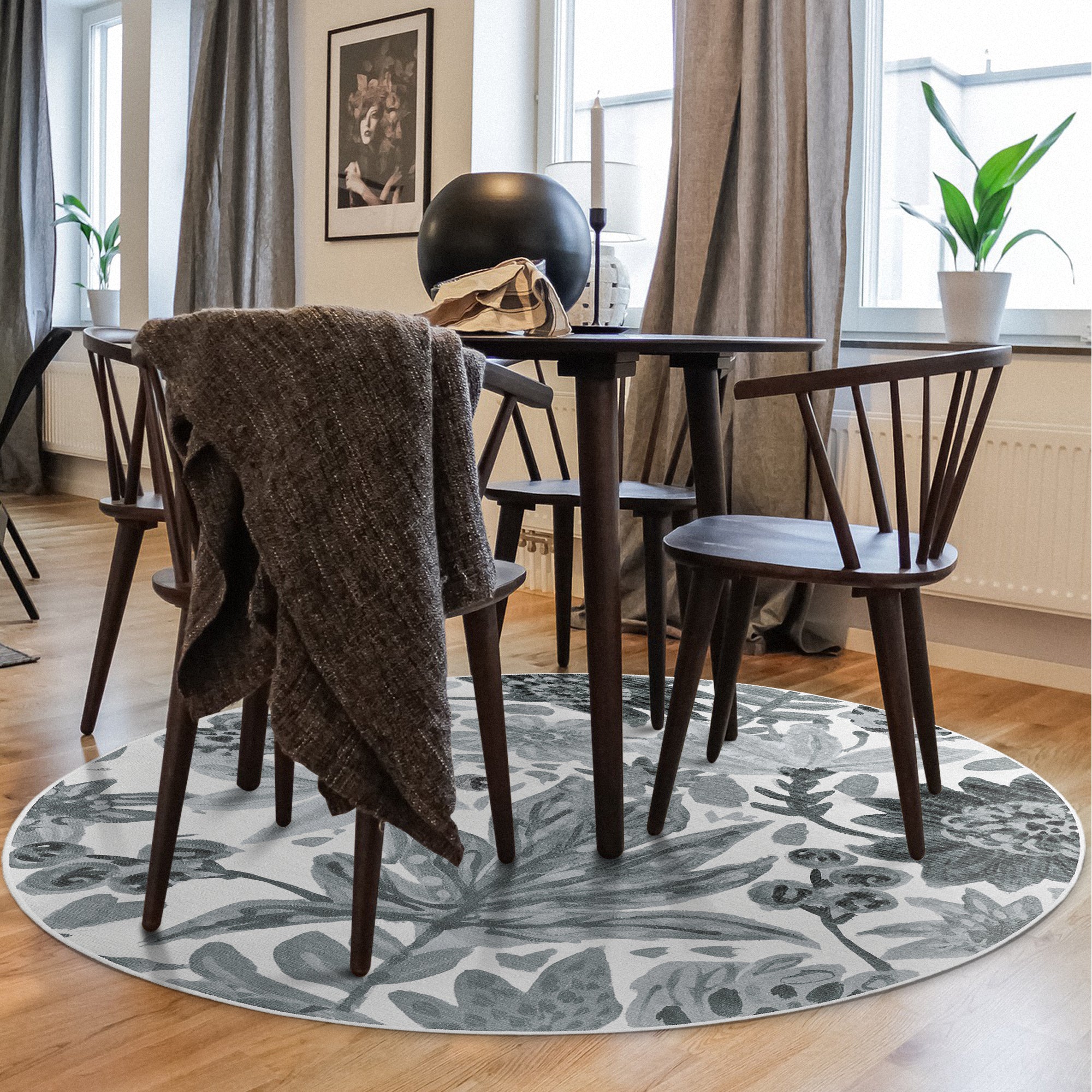 Floral Bloom Grey Dining Room Washble Rug