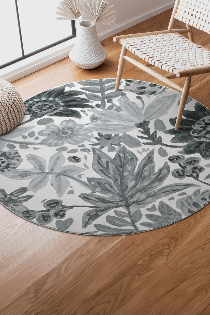 Floral Bloom Grey Washable Rug