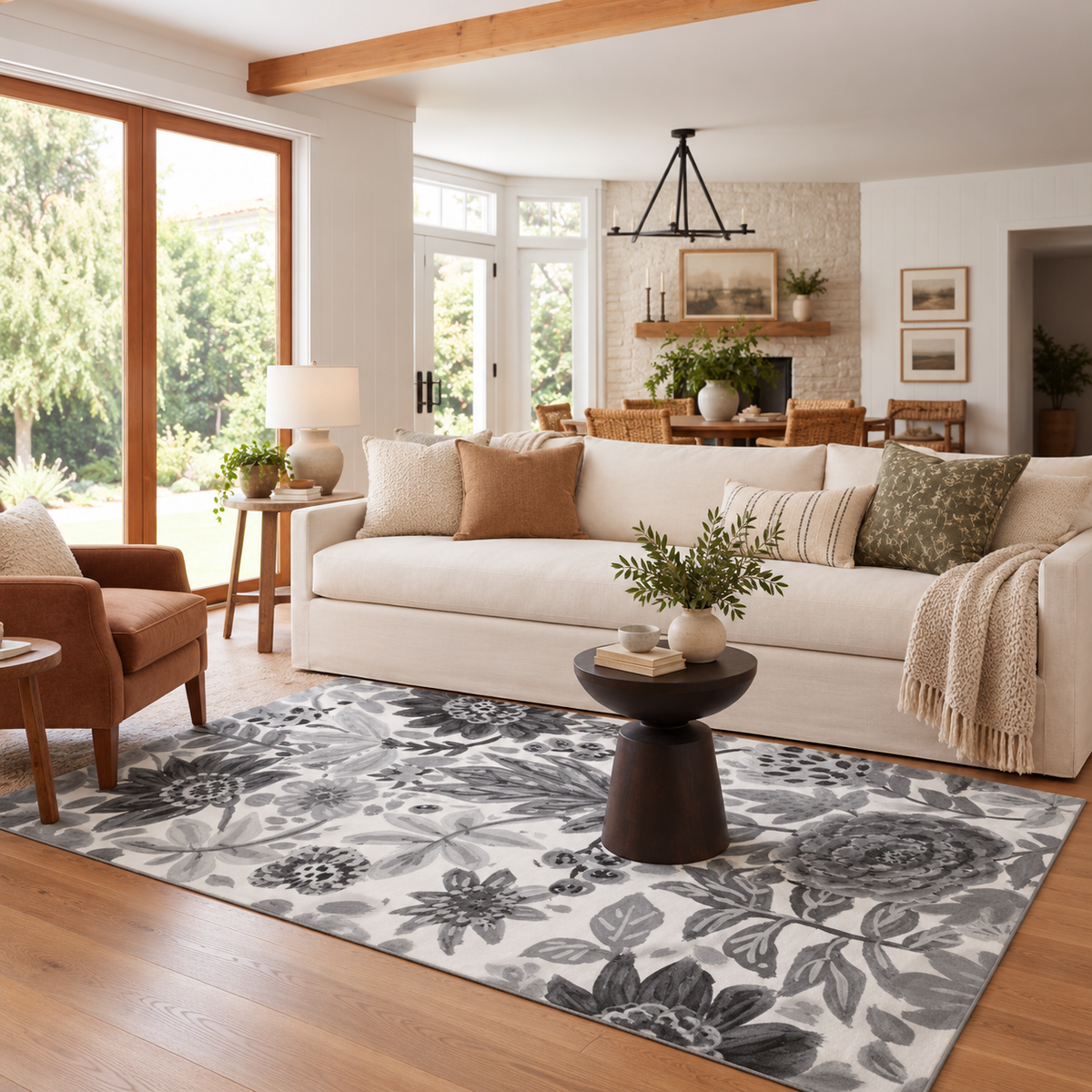 Floral Bloom Grey Washable Rug