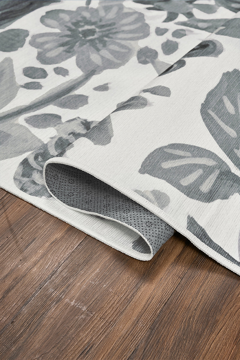 Floral Bloom Grey Washable Rug