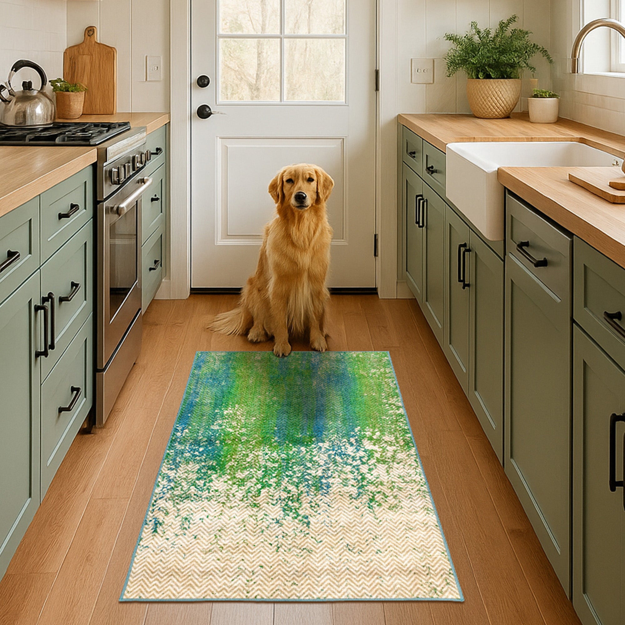 Hazel Chevron Teal Kitchen Washable Rug