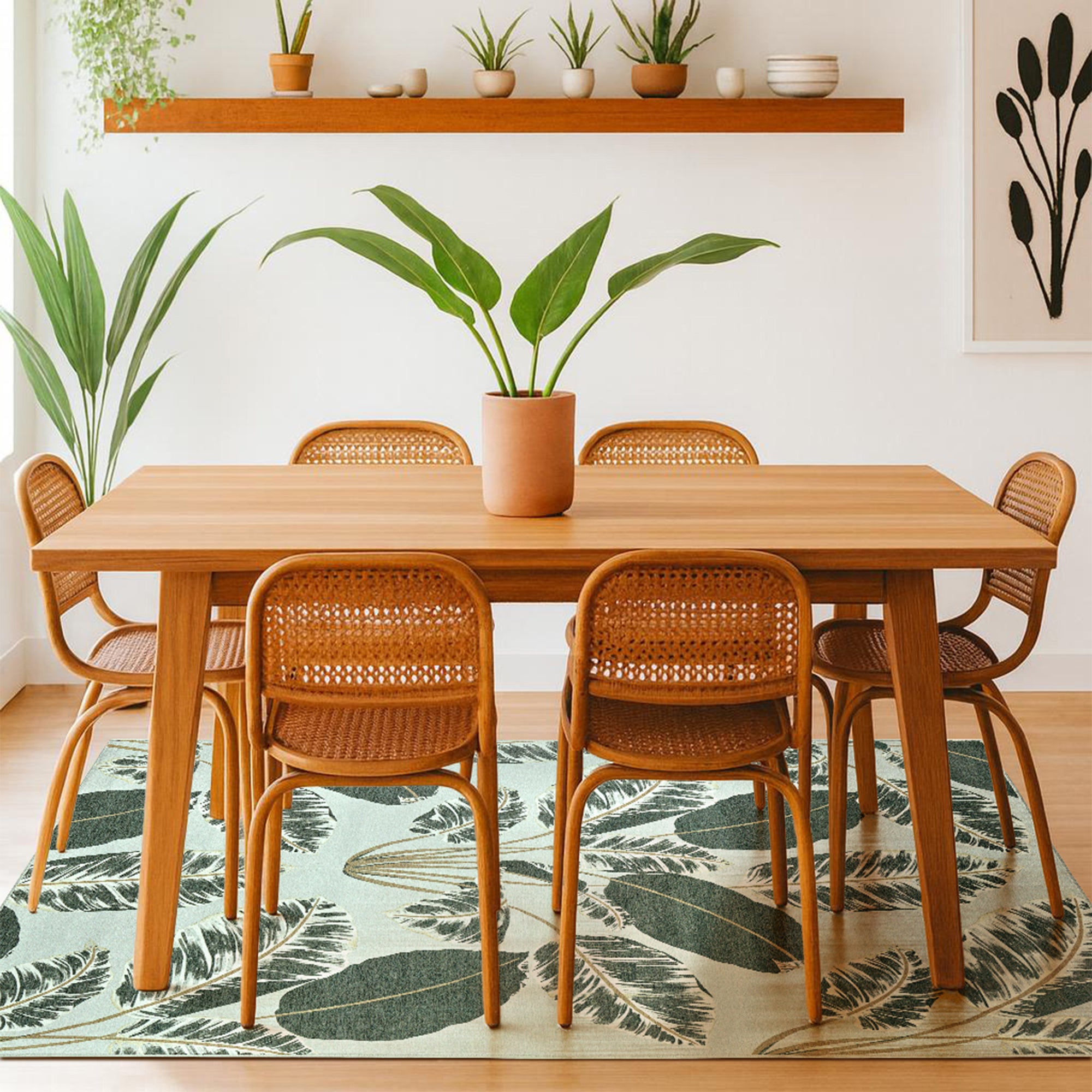 Hojas Cubanas Mint Dining Room Washble Rug