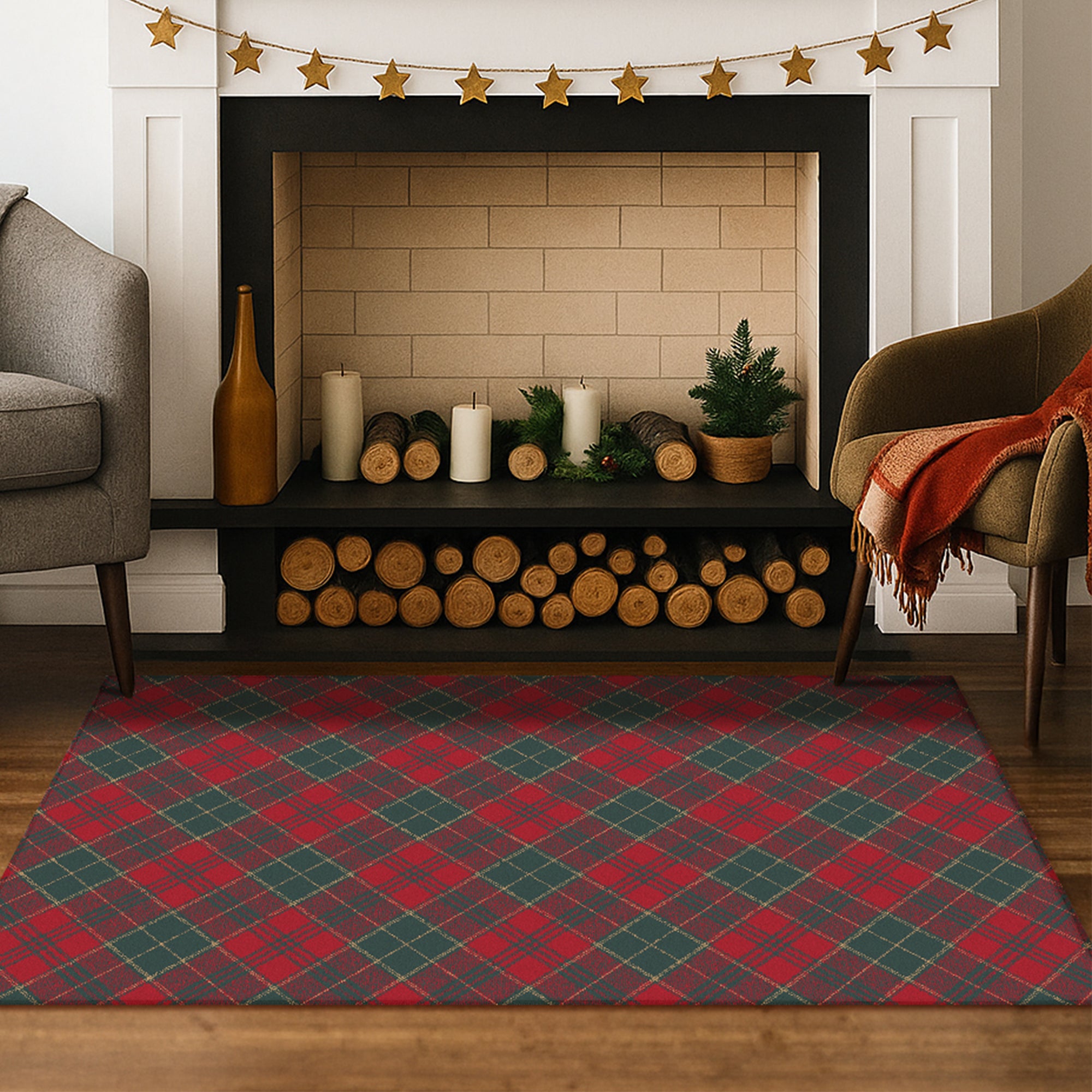 Holiday Winter Christmas Tartan Plain Red/Green Machine Washable Rug