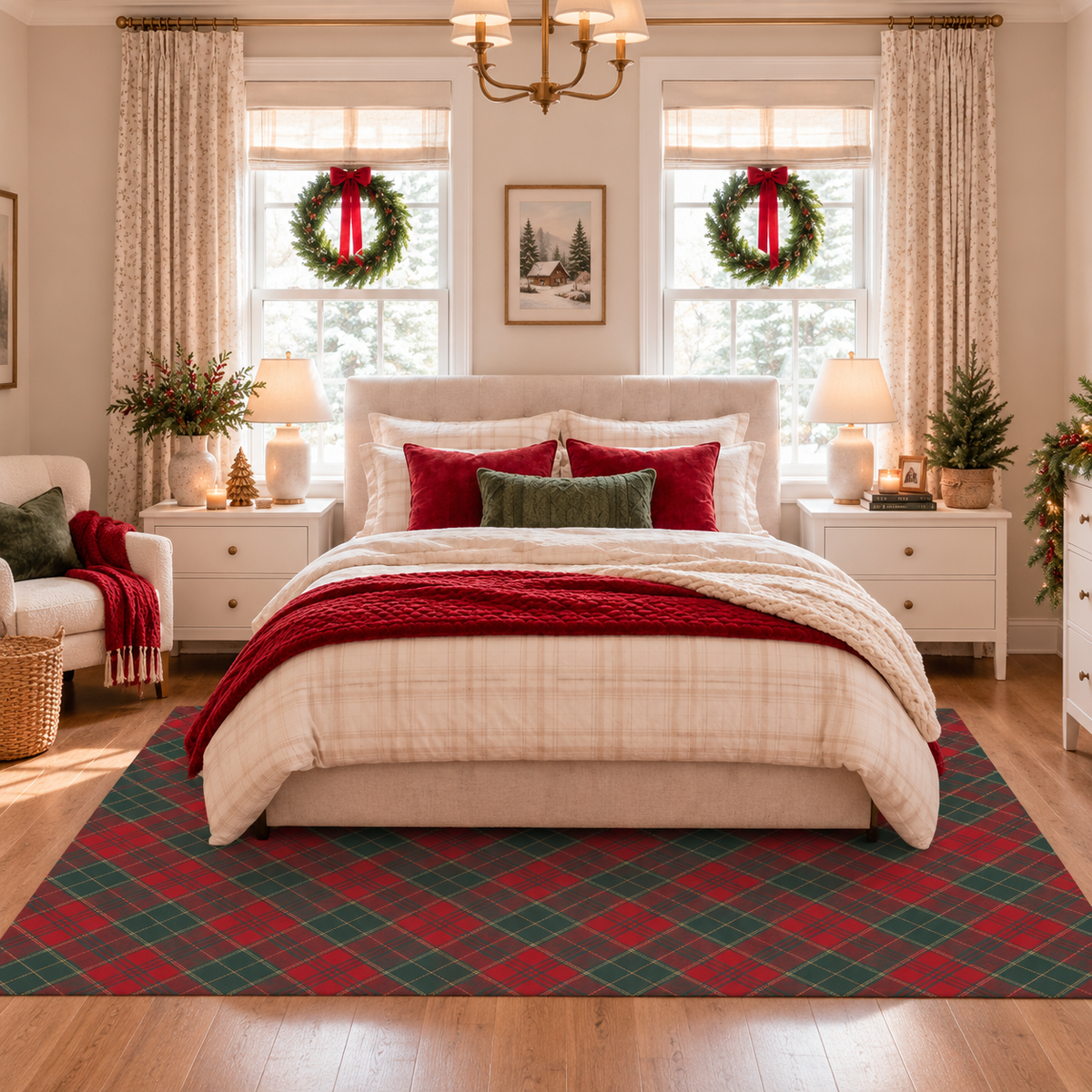 Holiday Winter Christmas Tartan Plain Red/Green Machine Washable Rug
