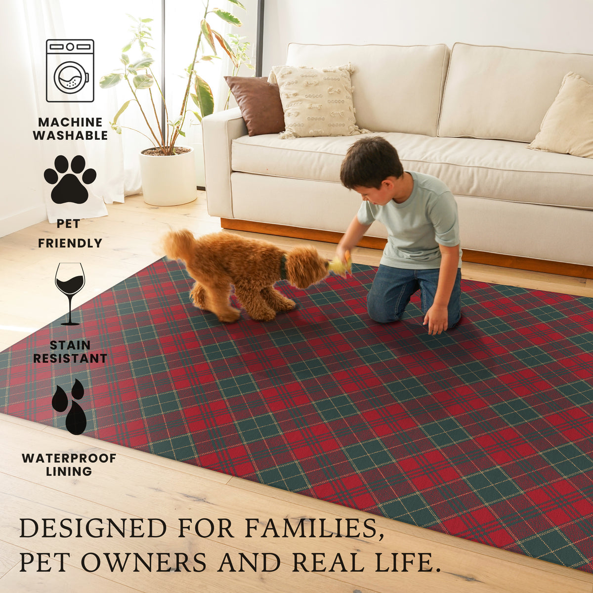 Holiday Winter Christmas Tartan Plain Red/Green Machine Washable Rug