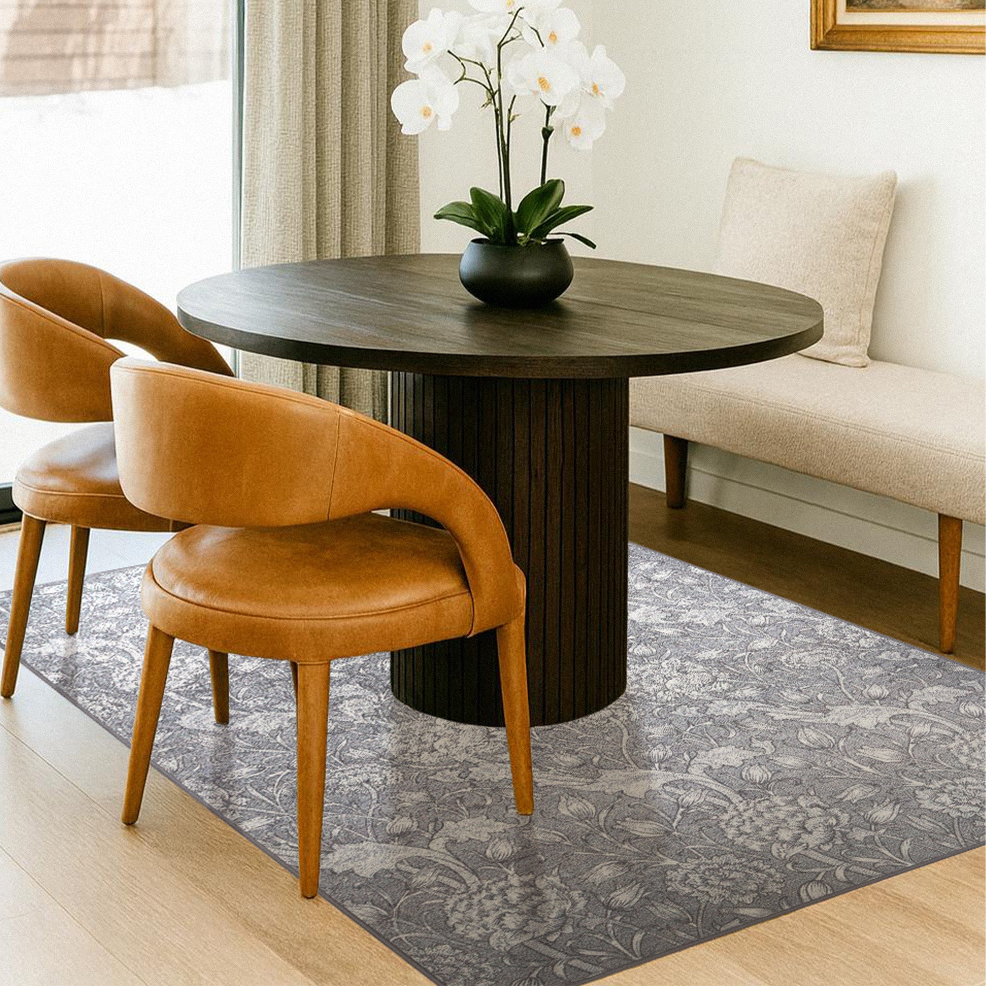 Kalini Floral Grey Dining Room Washble Rug
