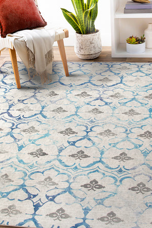 Leilani Damask Beige Blue Washable Rug