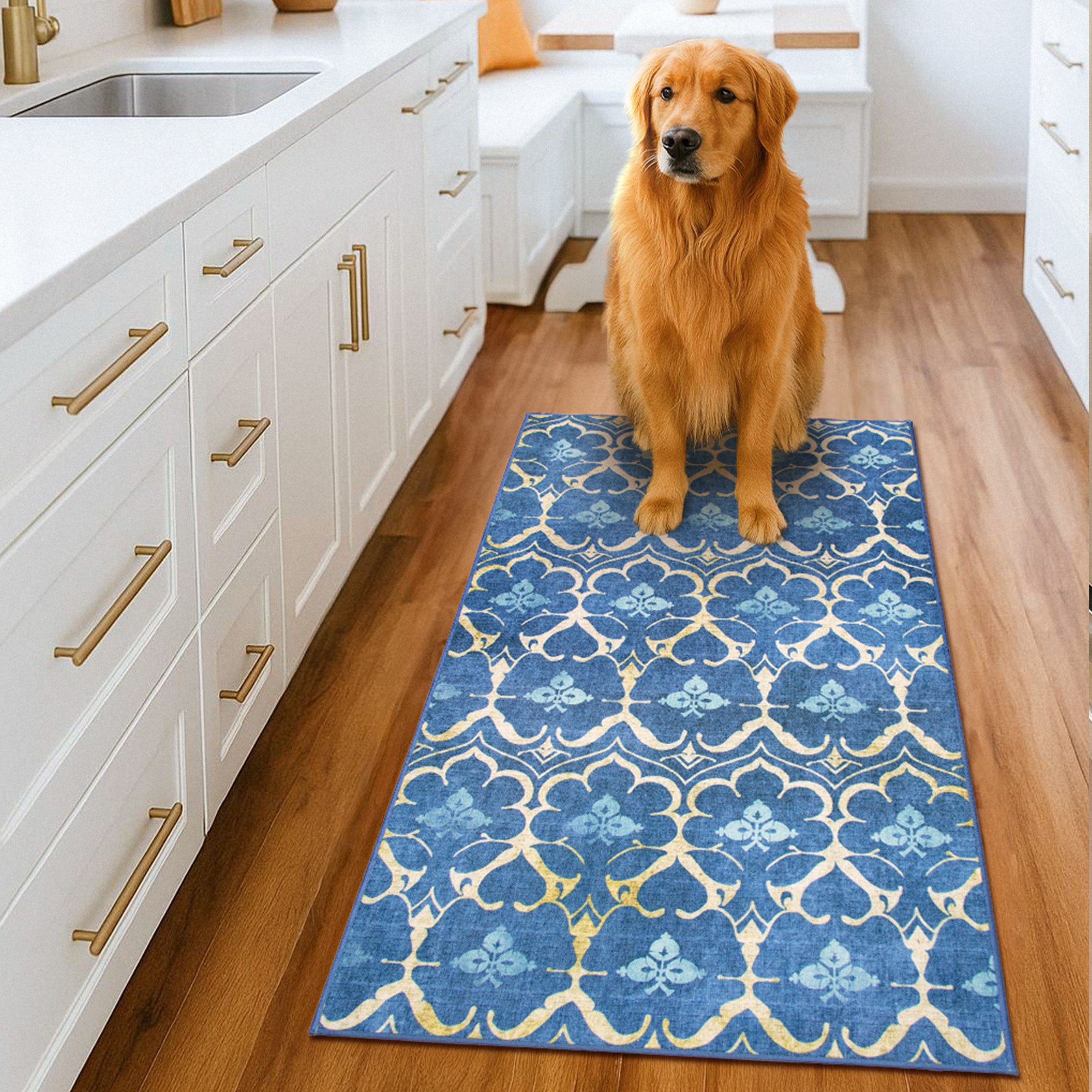 Leilani Damask Blue Kitchen Washable Rug
