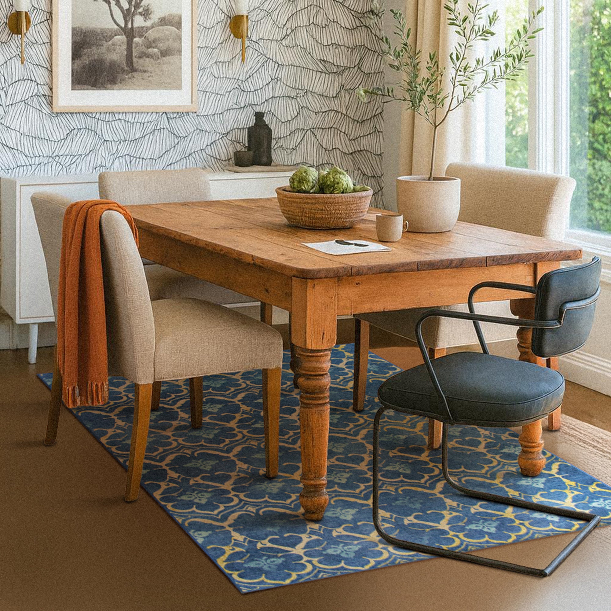 Leilani Damask Blue Dining Room Washble Rug