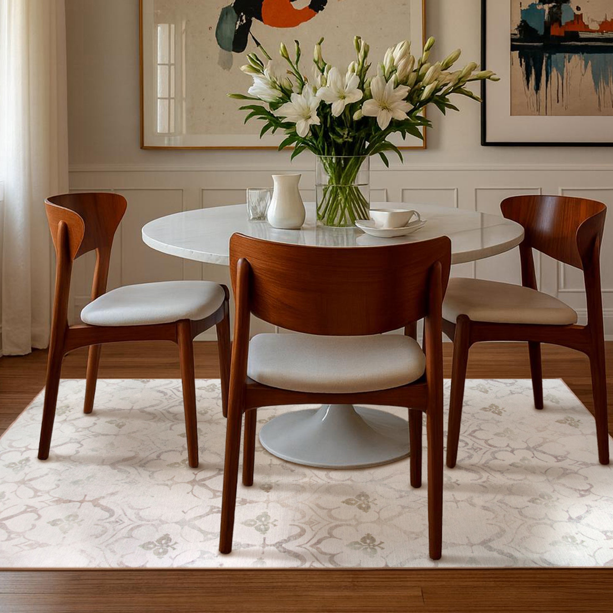 Leilani Damask Ivory Dining Room Washble Rug