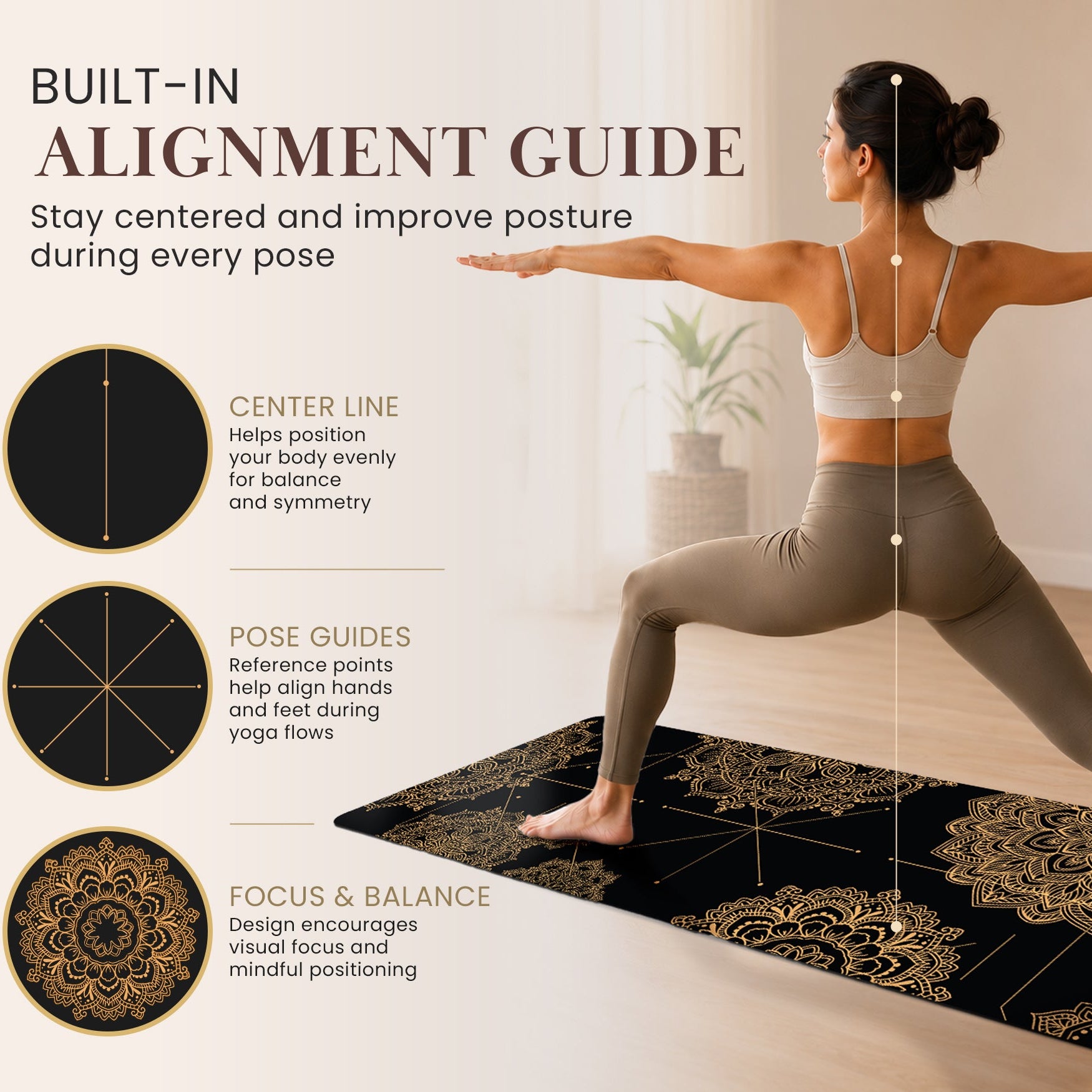 Mandala Alignment Black Gold 71x27 Anti-Fatigue Yoga Mat, Black, Gold decorative design, cushioned exercise mat for Home Gym, Yoga Studio and Workout Space.