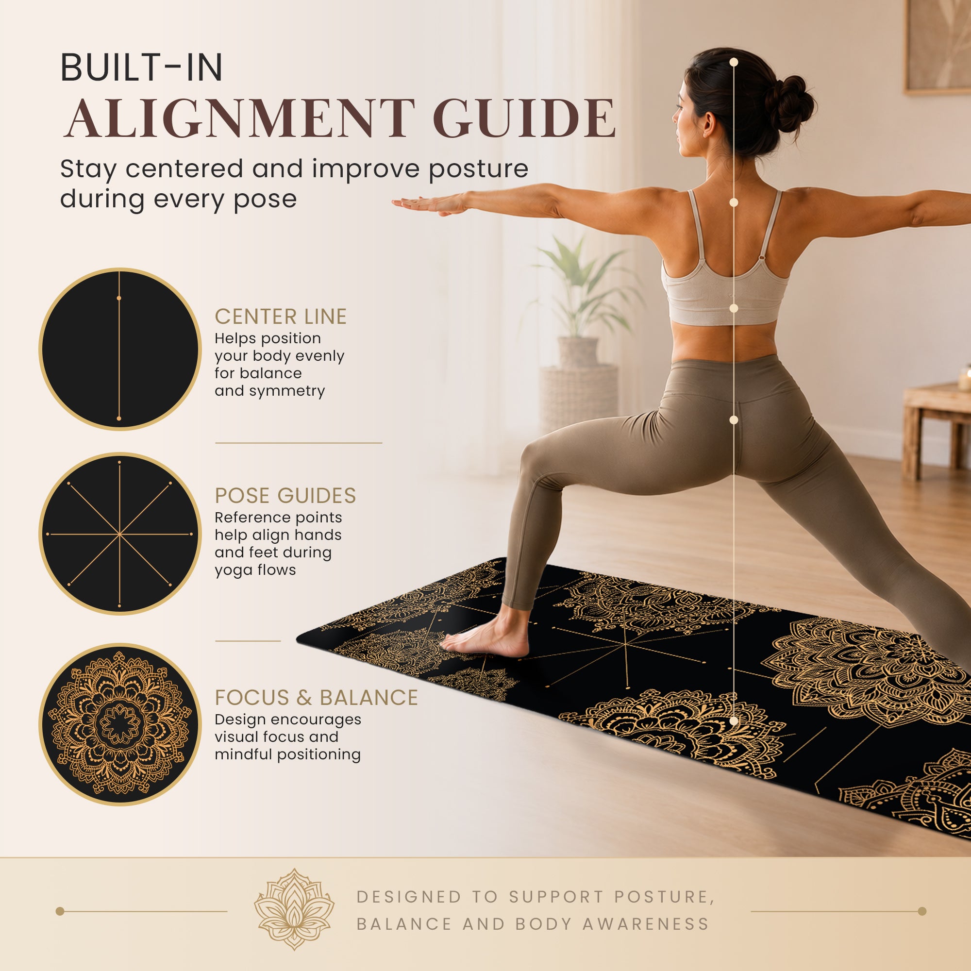 Mandala Alignment Black Gold 71x27 Anti-Fatigue Washable Yoga Mat