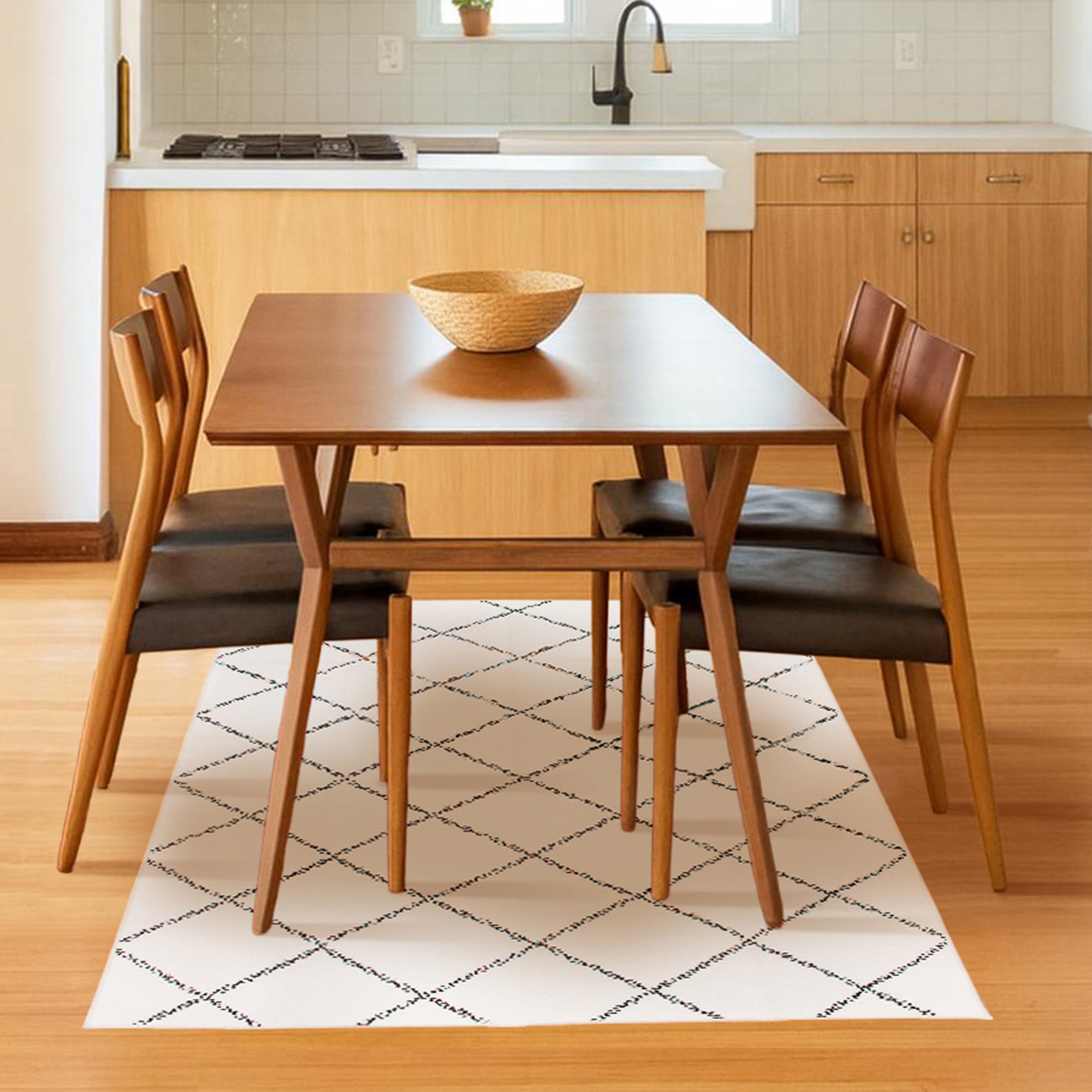 Medina Moroccan Diamond Ivory Dining Room Washble Rug