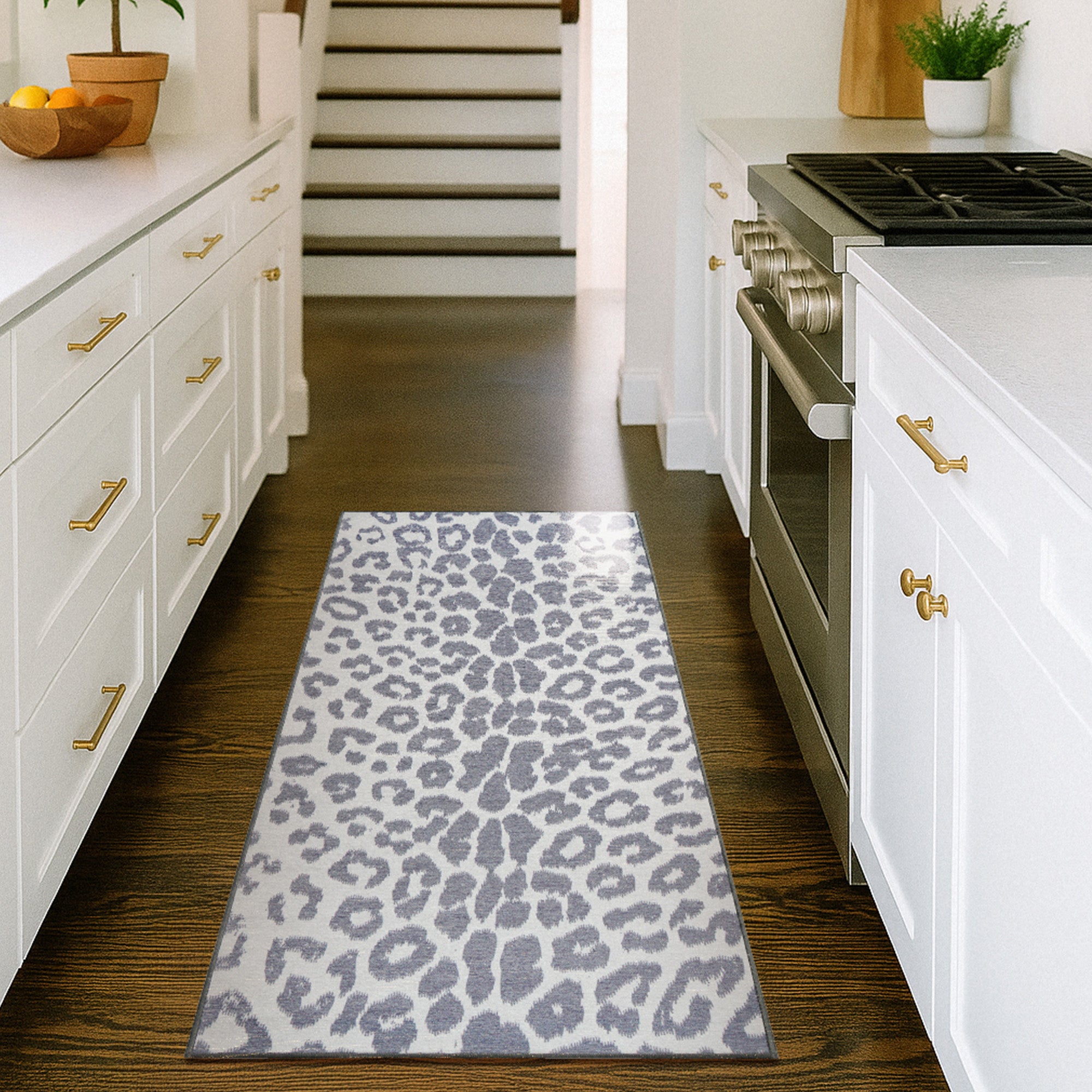 Miya Leopard Grey Kitchen Washable Rug