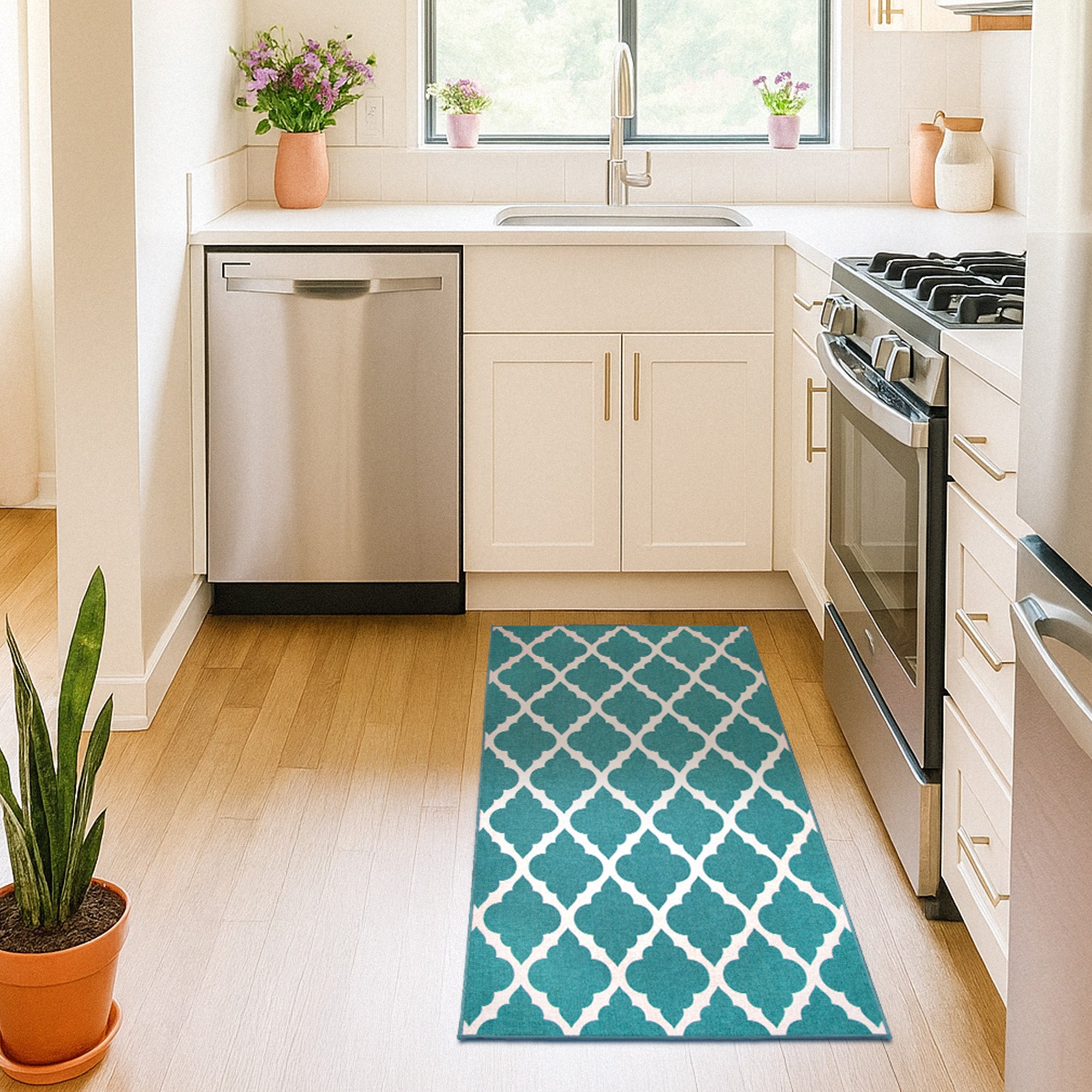 Moroccan Trellis Teal Kitchen Washable Rug