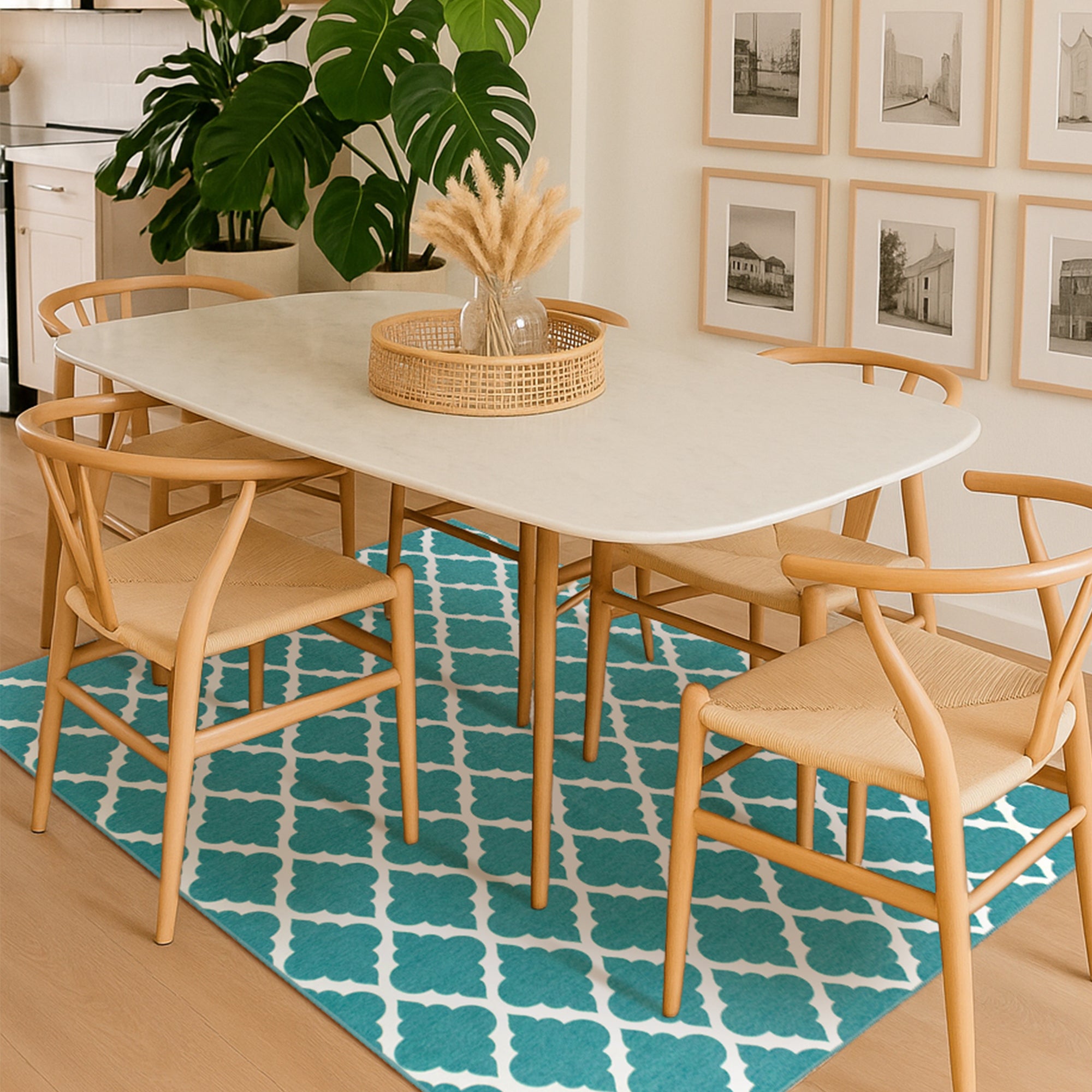 Moroccan Trellis Teal Dining Room Washble Rug