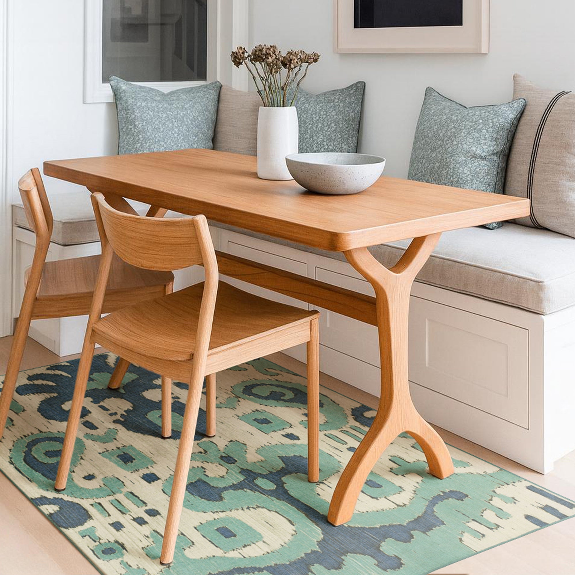 Ochre Ikat Steel Blue Dining Room Washble Rug