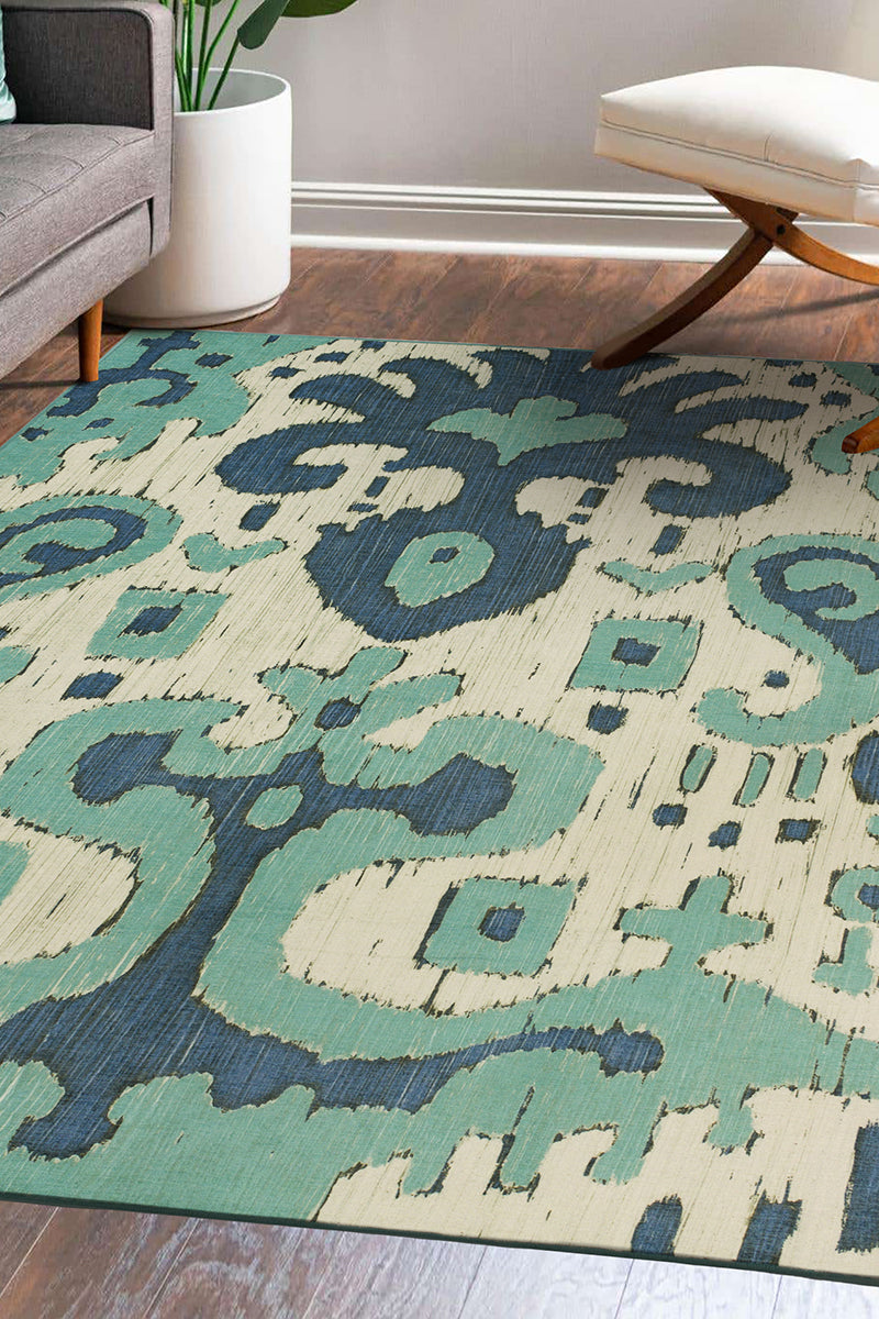 Ochre Ikat Steel Blue Washable Rug