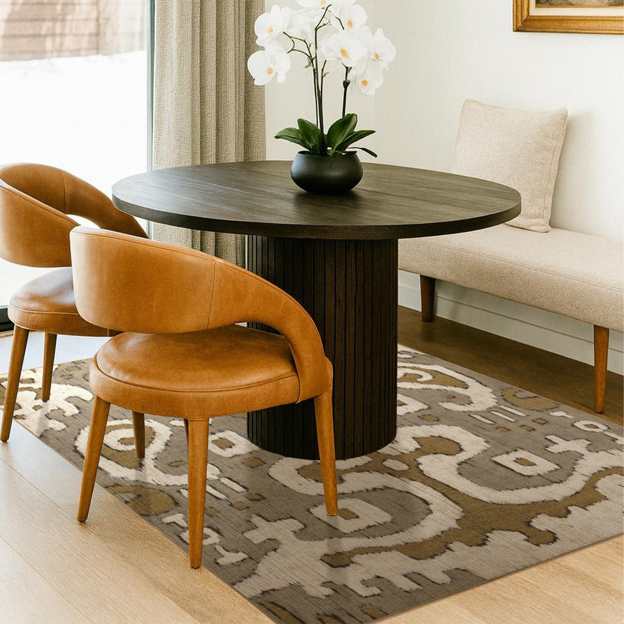 Ochre Ikat Grey Gold Dining Room Washble Rug