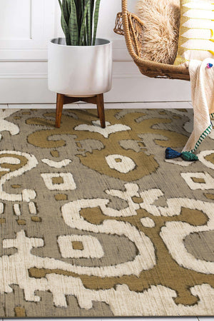 Ochre Ikat Grey Gold Washable Rug