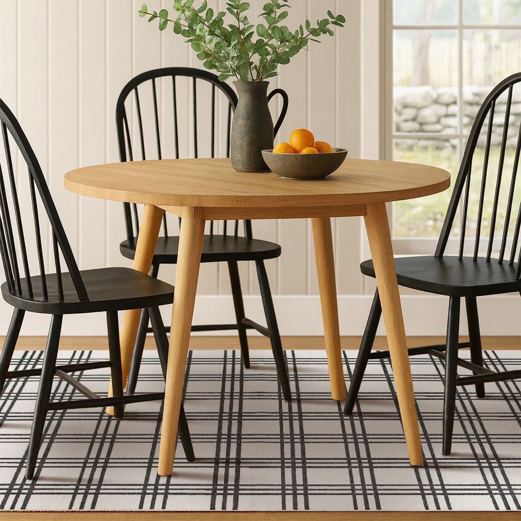 Plaid Black and Cream Dining Room Washble Rug
